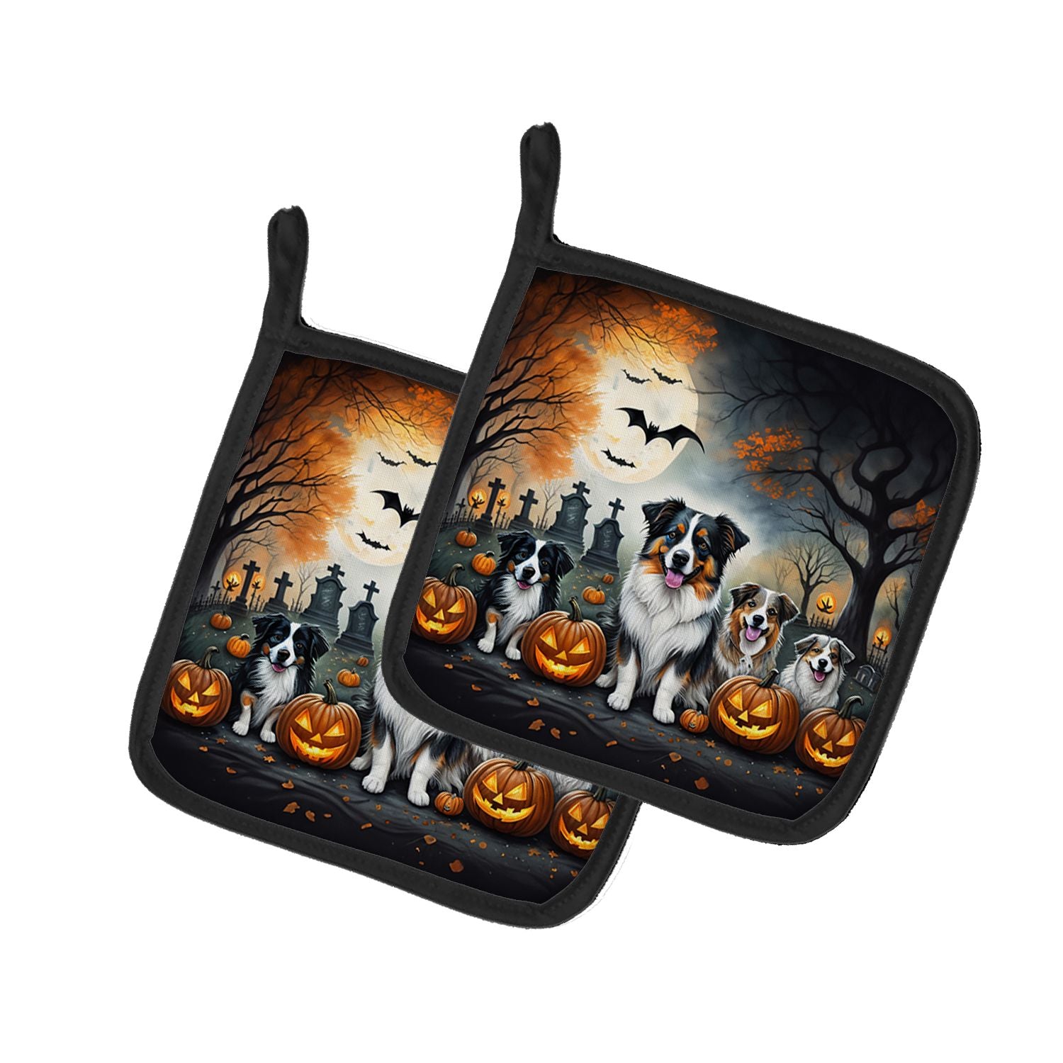 Australian Shepherd Spooky Halloween Pair of Pot Holders Kitchen Heat Resistant Pot Holders Sets Oven Hot Pads for Cooking Bakin