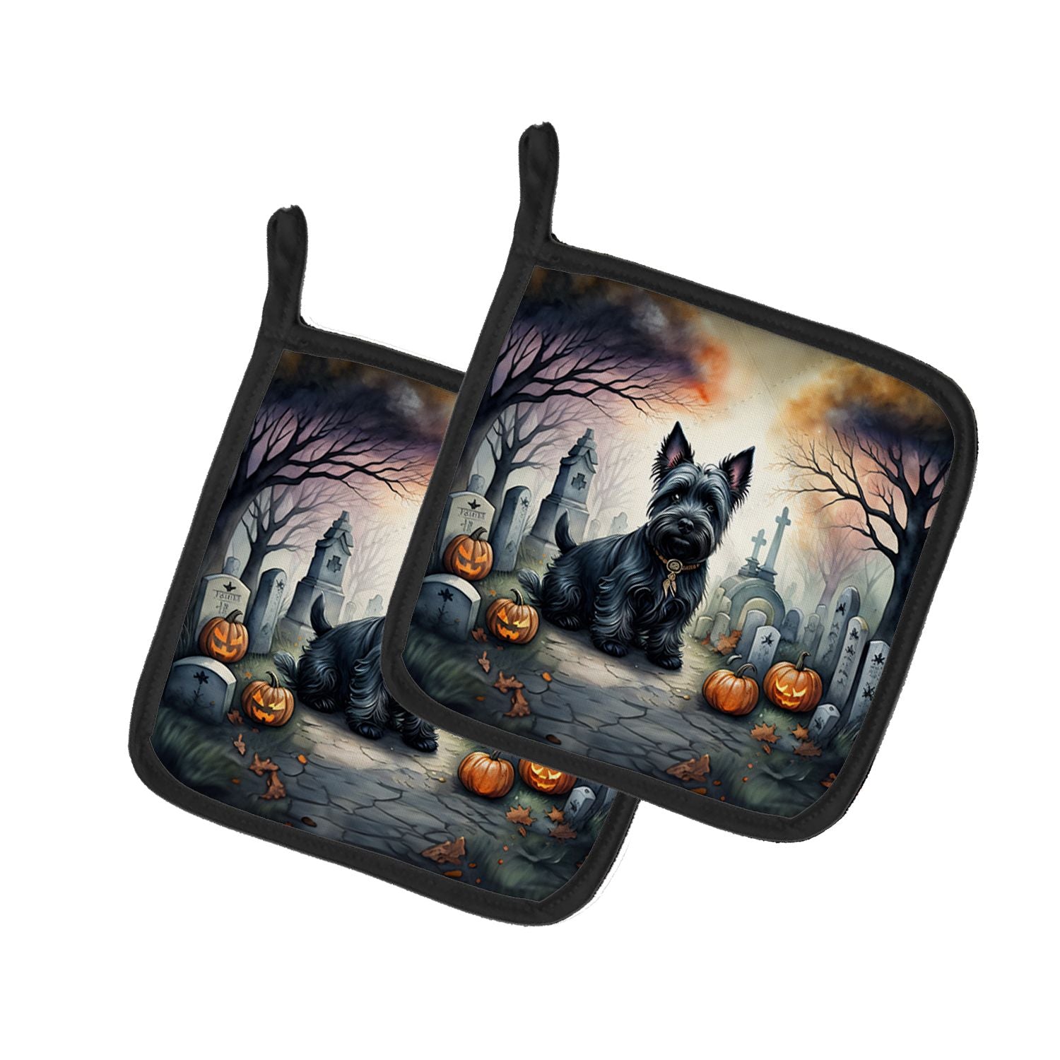 Scottish Terrier Spooky Halloween Pair of Pot Holders Kitchen Heat Resistant Pot Holders Sets Oven Hot Pads for Cooking Baking B