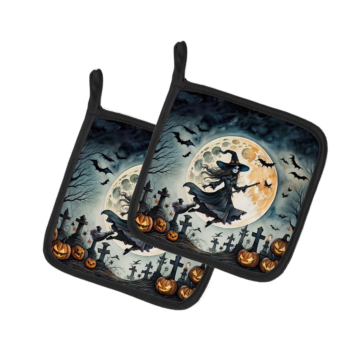 Flying Witch Spooky Halloween Pair of Pot Holders Kitchen Heat Resistant Pot Holders Sets Oven Hot Pads for Cooking Baking BBQ, 