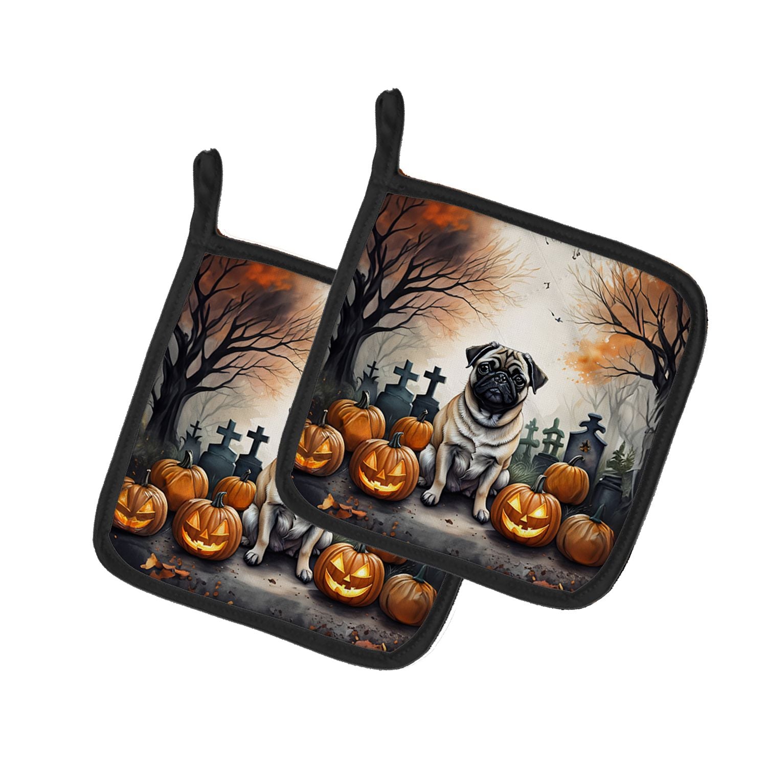 Fawn Pug Spooky Halloween Pair of Pot Holders Kitchen Heat Resistant Pot Holders Sets Oven Hot Pads for Cooking Baking BBQ, 7 1/