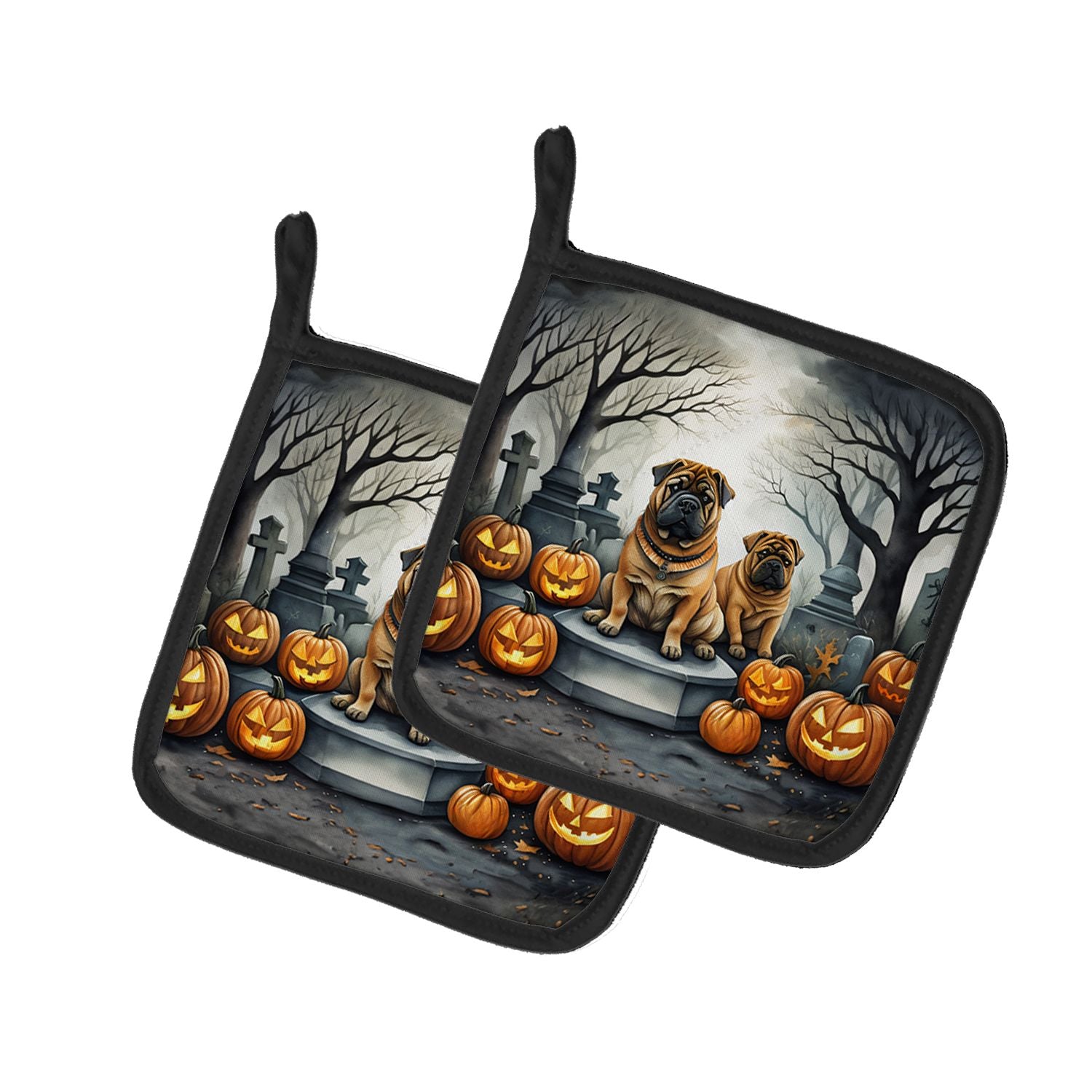 Shar Pei Spooky Halloween Pair of Pot Holders Kitchen Heat Resistant Pot Holders Sets Oven Hot Pads for Cooking Baking BBQ, 7 1/
