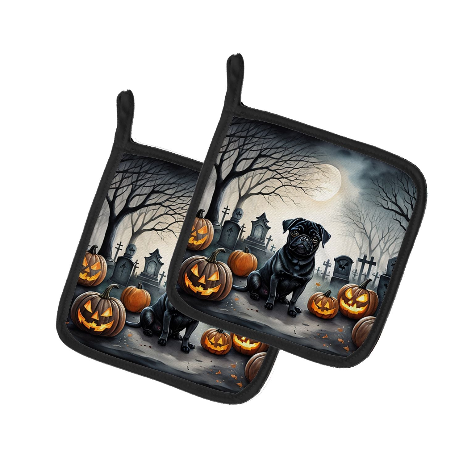 Black Pug Spooky Halloween Pair of Pot Holders Kitchen Heat Resistant Pot Holders Sets Oven Hot Pads for Cooking Baking BBQ, 7 1