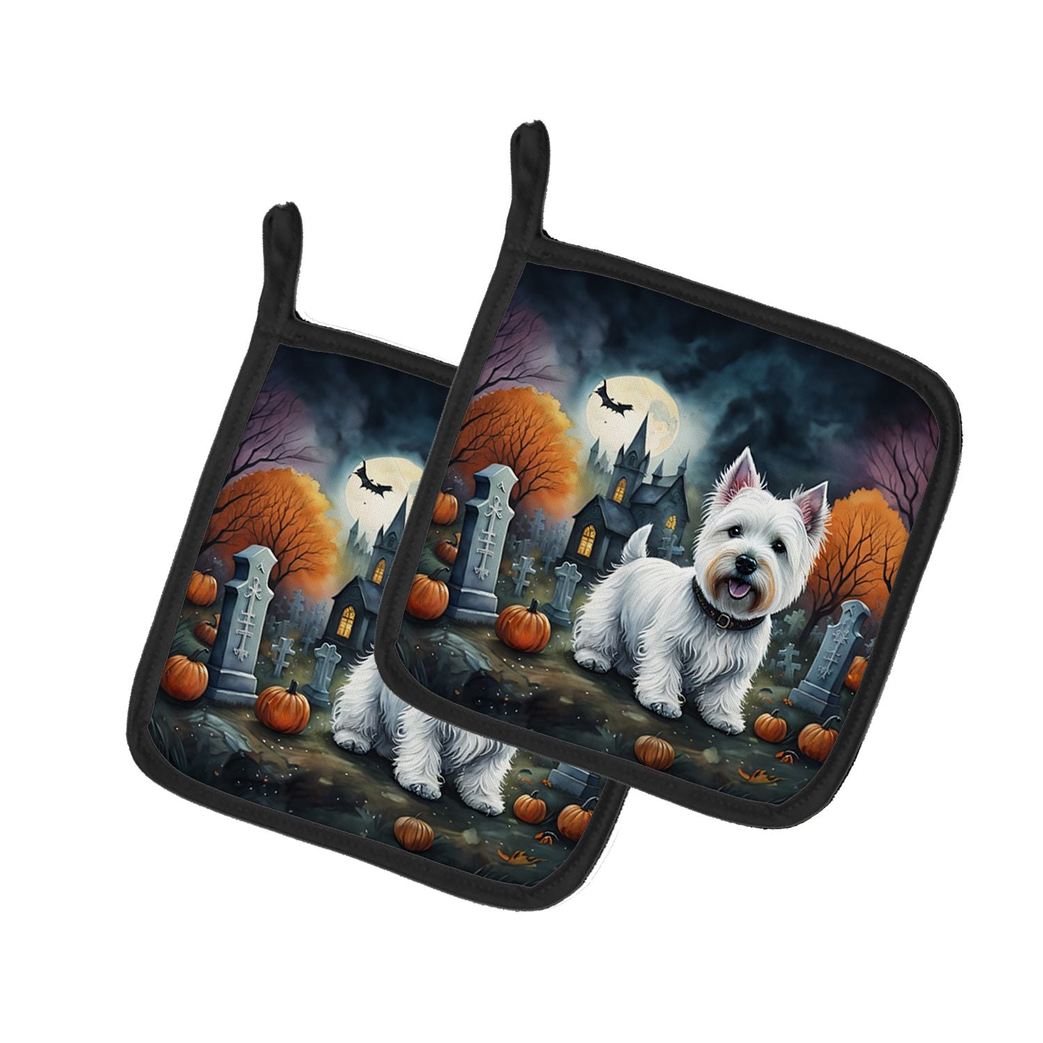 Westie Spooky Halloween Pair of Pot Holders Kitchen Heat Resistant Pot Holders Sets Oven Hot Pads for Cooking Baking BBQ, 7 1/2 