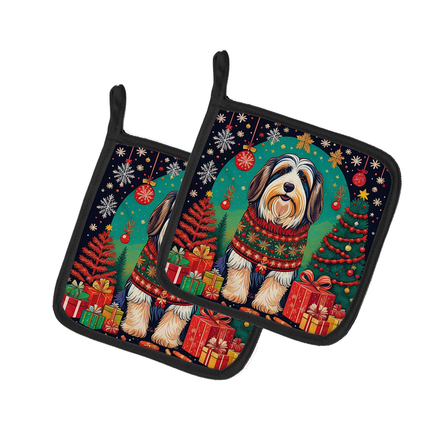 Bearded Collie Christmas Pair of Pot Holders Kitchen Heat Resistant Pot Holders Sets Oven Hot Pads for Cooking Baking BBQ, 7 1/2