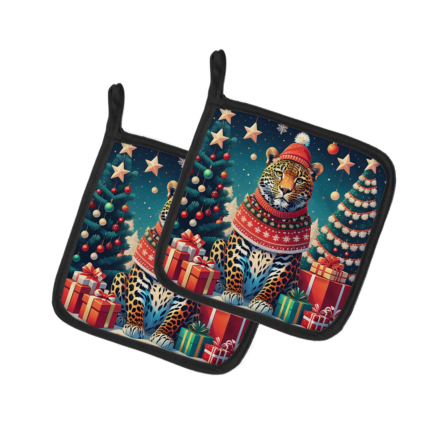 Leopard Christmas Pair of Pot Holders Kitchen Heat Resistant Pot Holders Sets Oven Hot Pads for Cooking Baking BBQ, 7 1/2 x 7 1/
