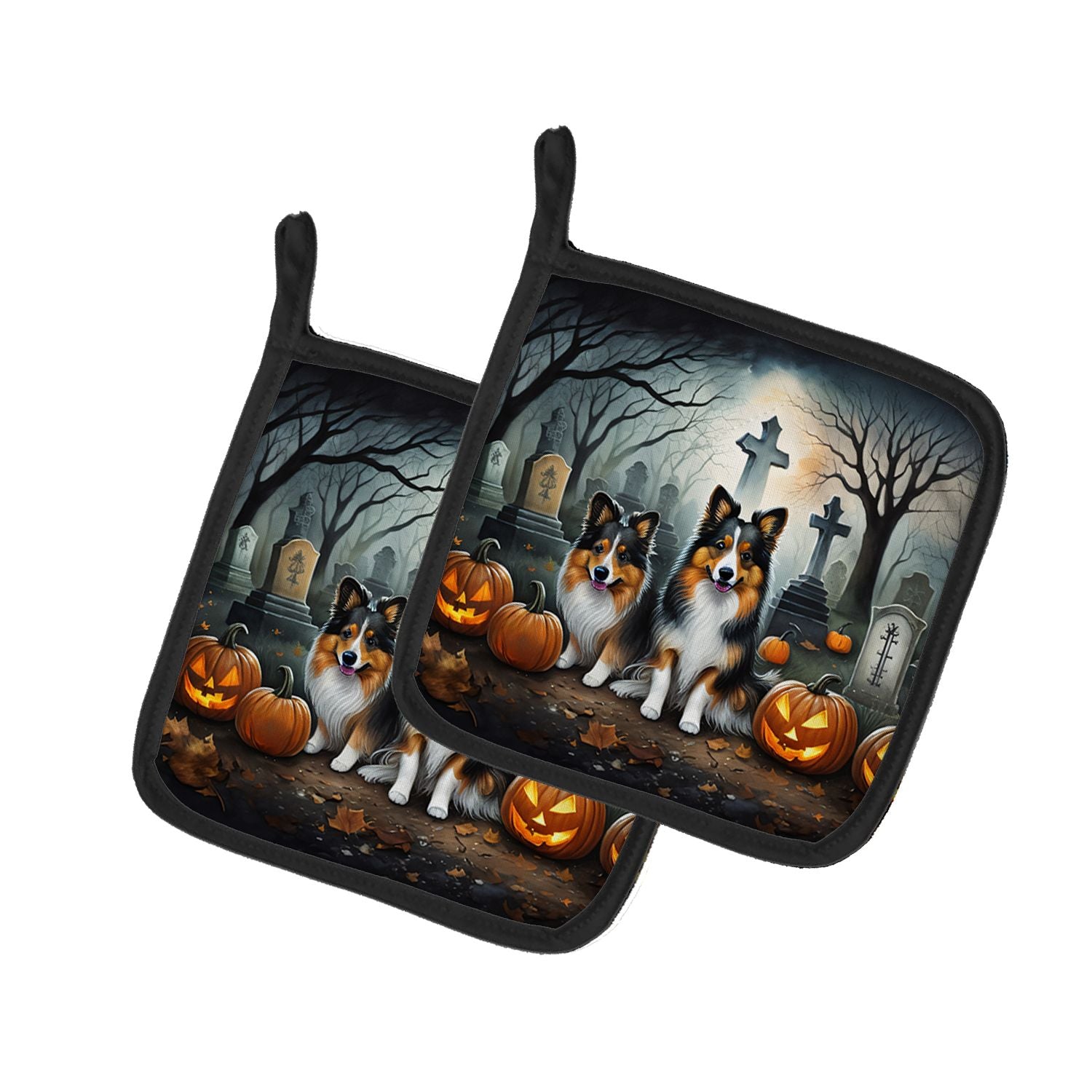 Sheltie Spooky Halloween Pair of Pot Holders Kitchen Heat Resistant Pot Holders Sets Oven Hot Pads for Cooking Baking BBQ, 7 1/2