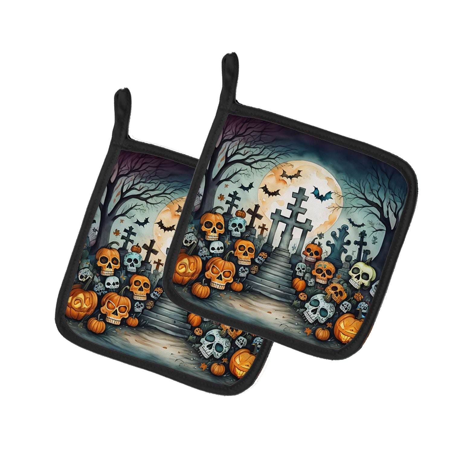 Calaveras Sugar Skulls Spooky Halloween Pair of Pot Holders Kitchen Heat Resistant Pot Holders Sets Oven Hot Pads for Cooking Ba