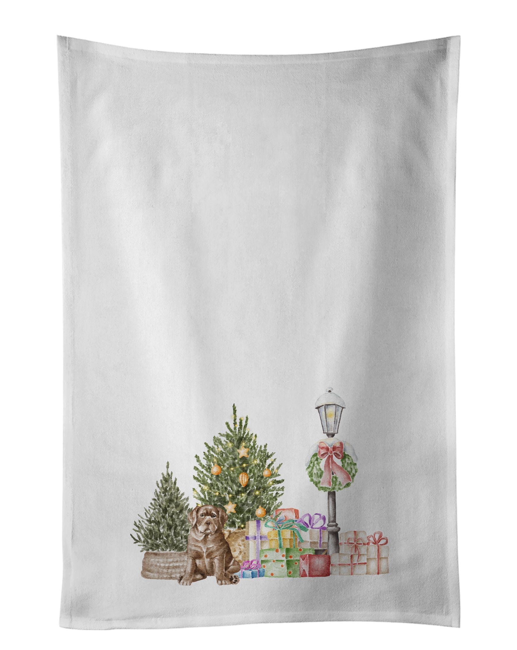 NEW Labrador Retriever Puppy Chocolate with Christmas Wonderland Kitchen Towel Set of 2 White Dish Towels Decorative Bathroom Ha