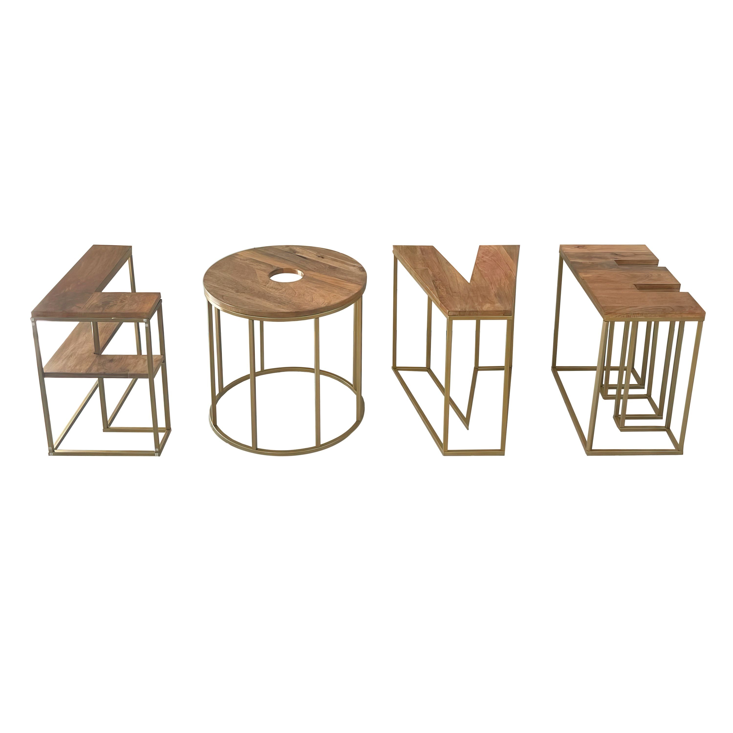 LOVE Alphabet Design 4pc Coffee Table Set, Brown Mango Wood Top, Antique Brass Base