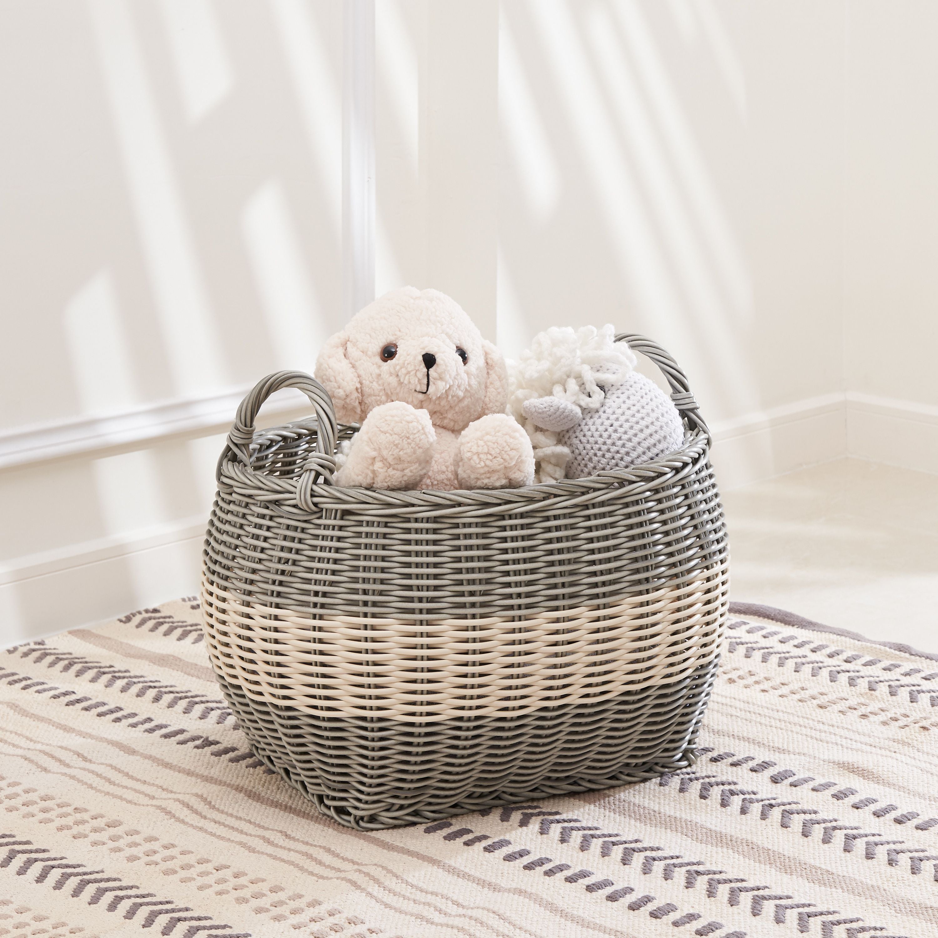 Zita Oval Resin Woven Wicker Multi-Use Storage Basket With Handles - 18 X 15 X 15 - White-Gray - For Towel, Toys, Magazines Stor