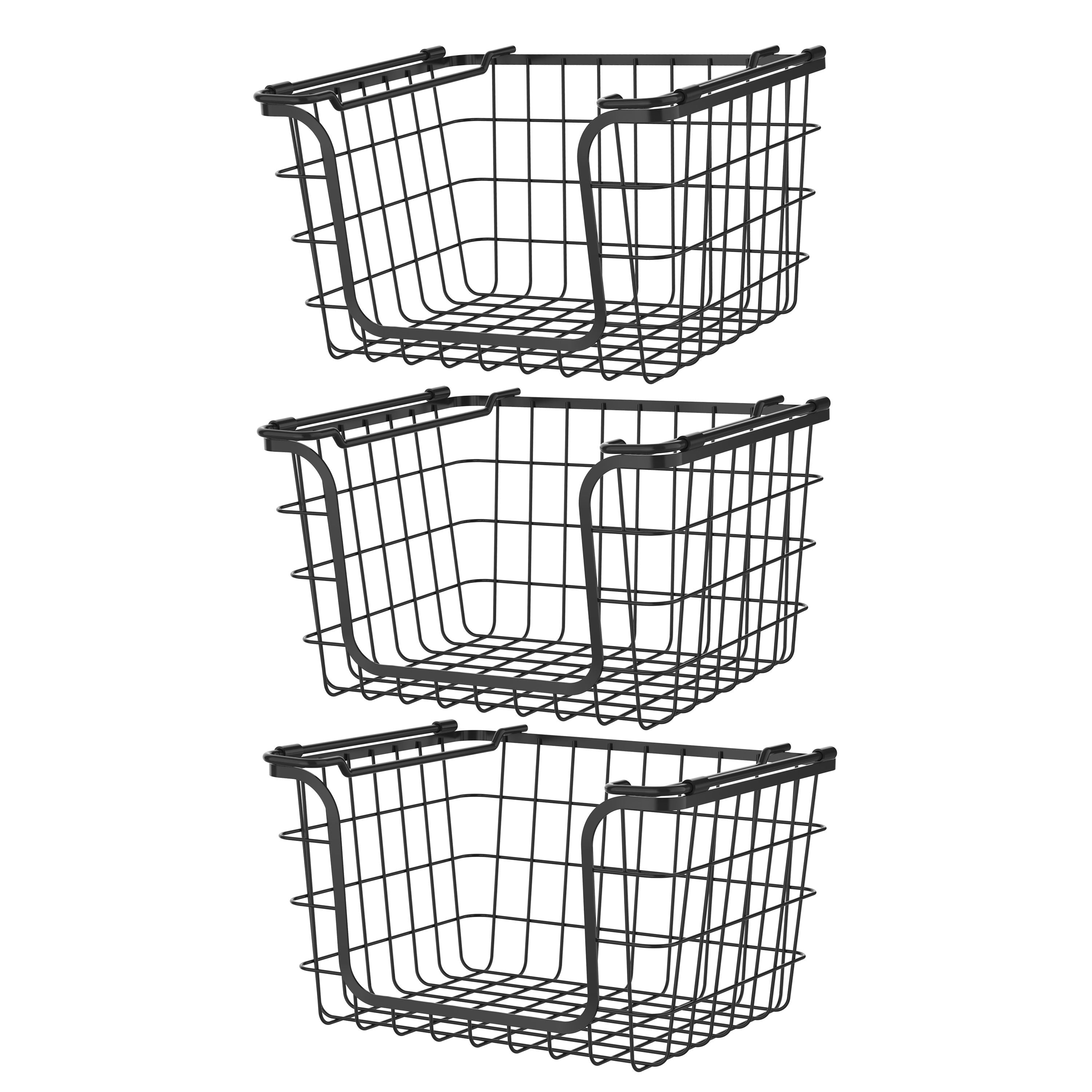 Oceanstar Stackable Metal Wire Storage Basket Set for Pantry, countertop, Kitchen or Bathroom Black, Set of 3(D0102HXN18X)
