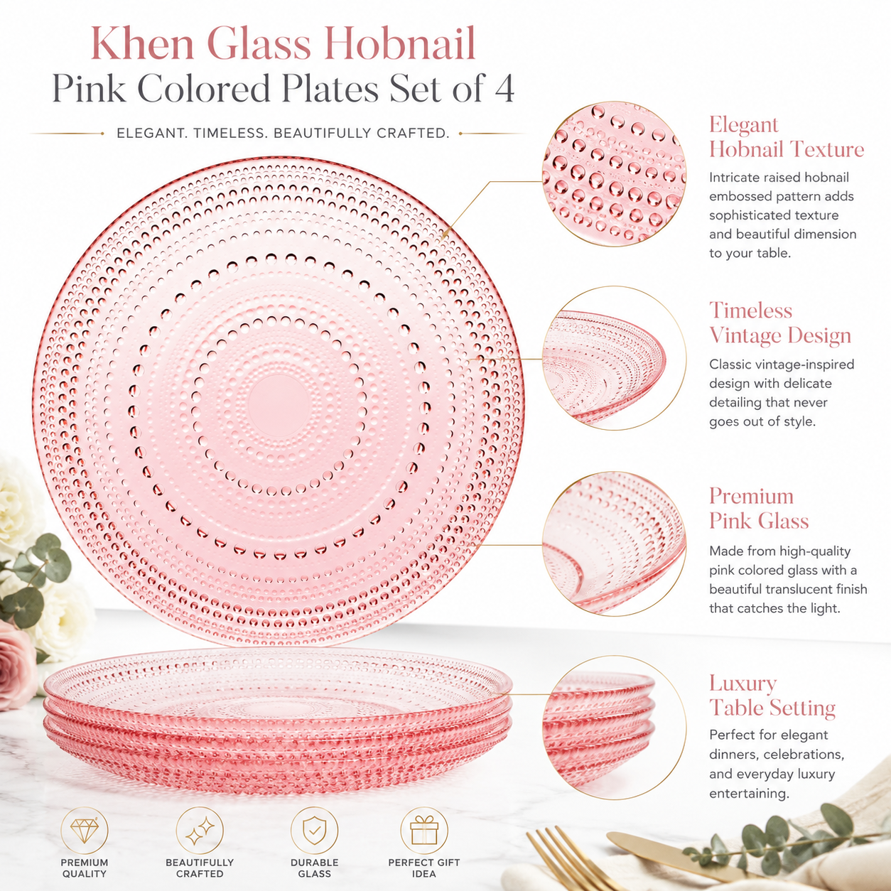 Blush Pink Hobnail Glass Dinner Plates, Set of 4, 10.6-Inch