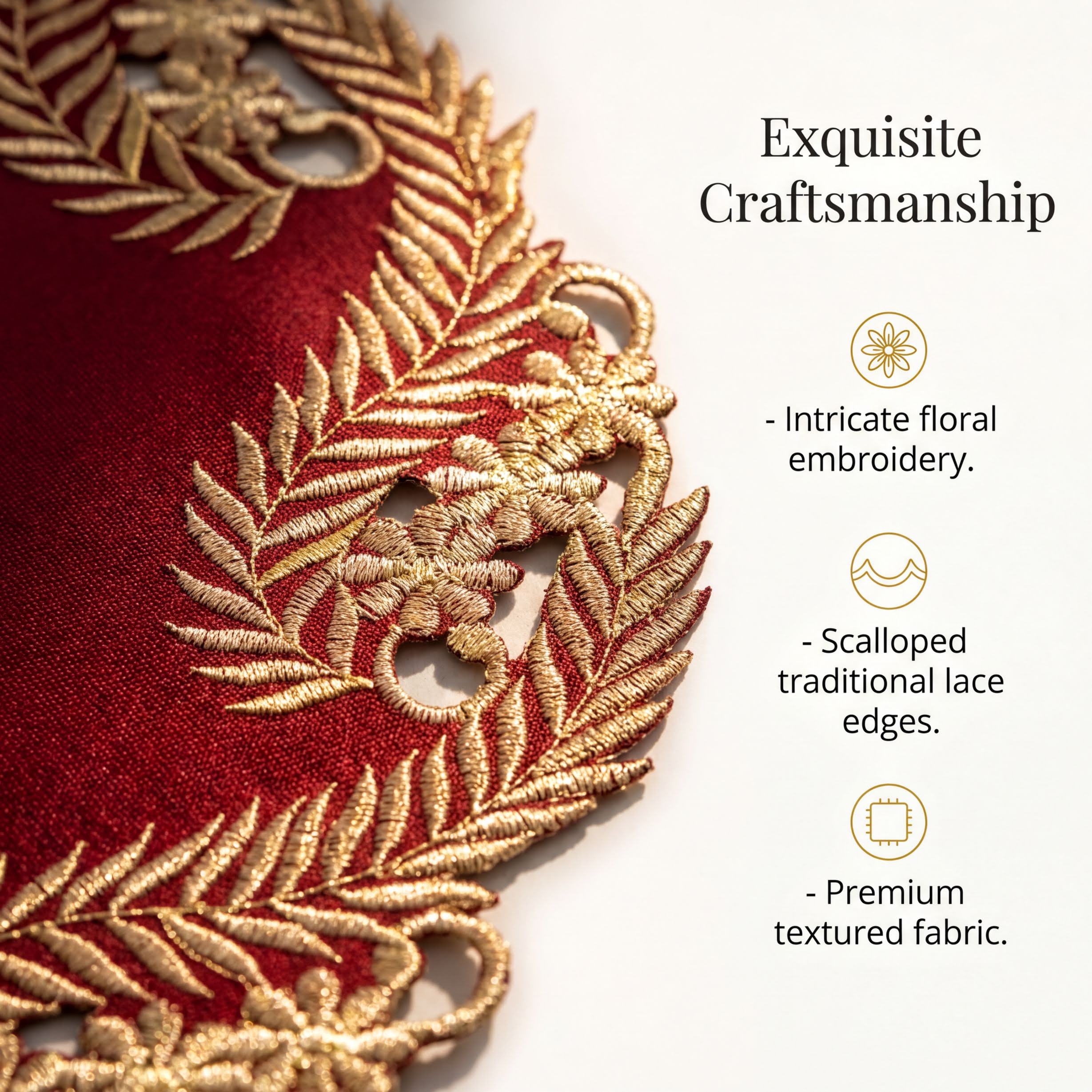 Burgundy Gold Doilies – Rustic Table Doilies | Embroidered Polyester Table Decor 15 Inch