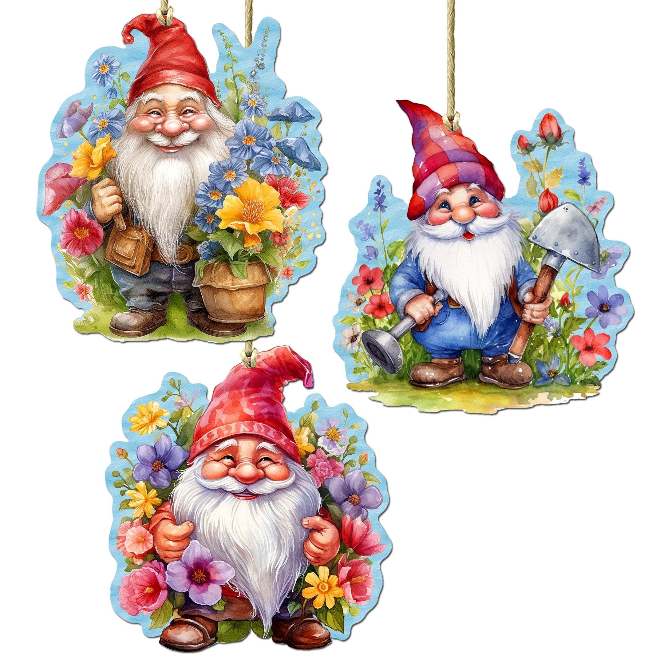 Garden Gnomes Decorative Eco Wood Ornaments Set of 3 by G. Debrekht - Spring Easter Decor - 8091030-S3