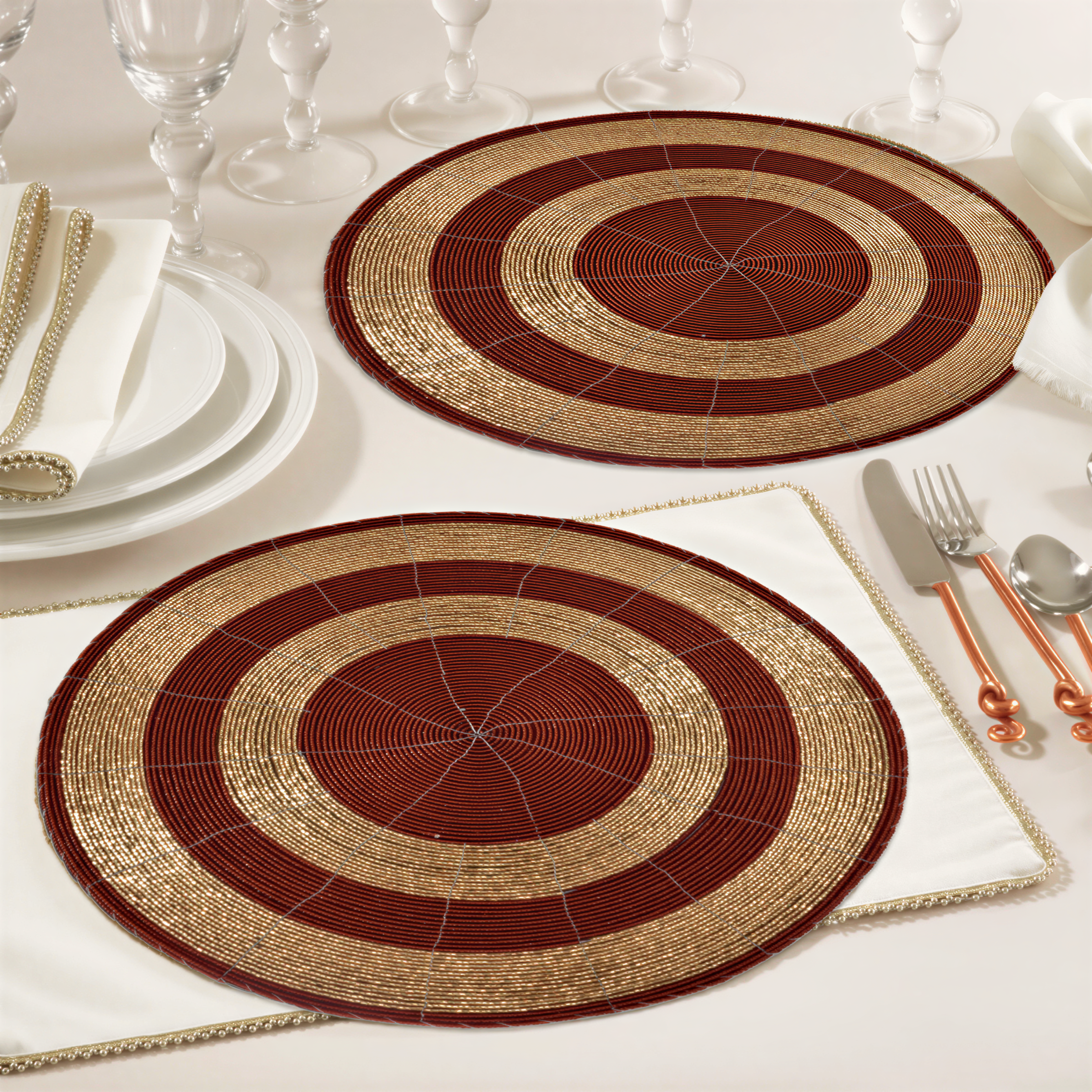 Beaded Placemats – Round Handmade Table Decor with Embroidered Beads, 14 Inch