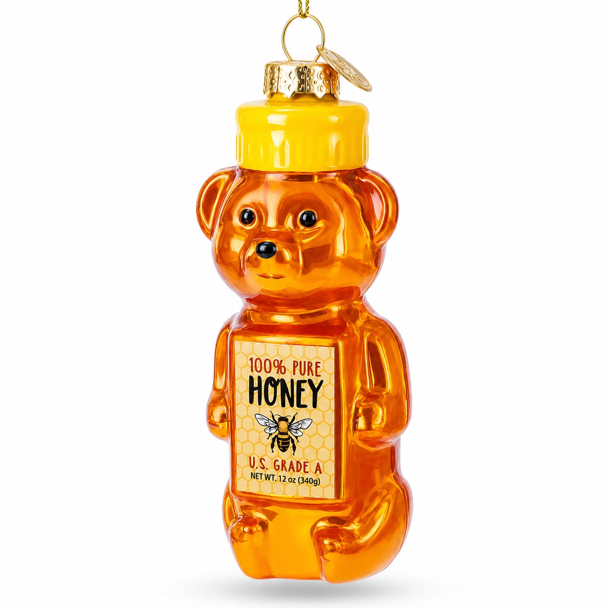 Honey Bear With Label Detail Glass Christmas Ornament
