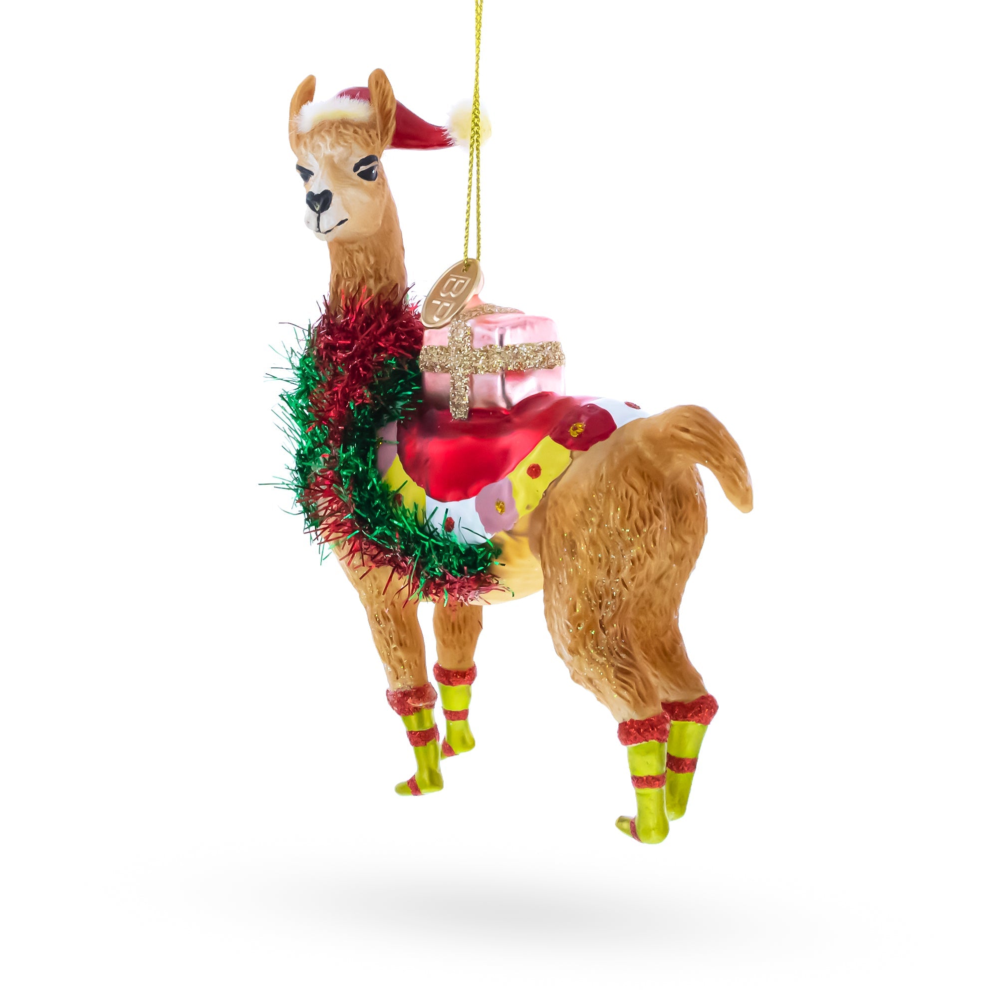 Christmas Llama with Tinsel Garland and Gift Glass Christmas Ornament