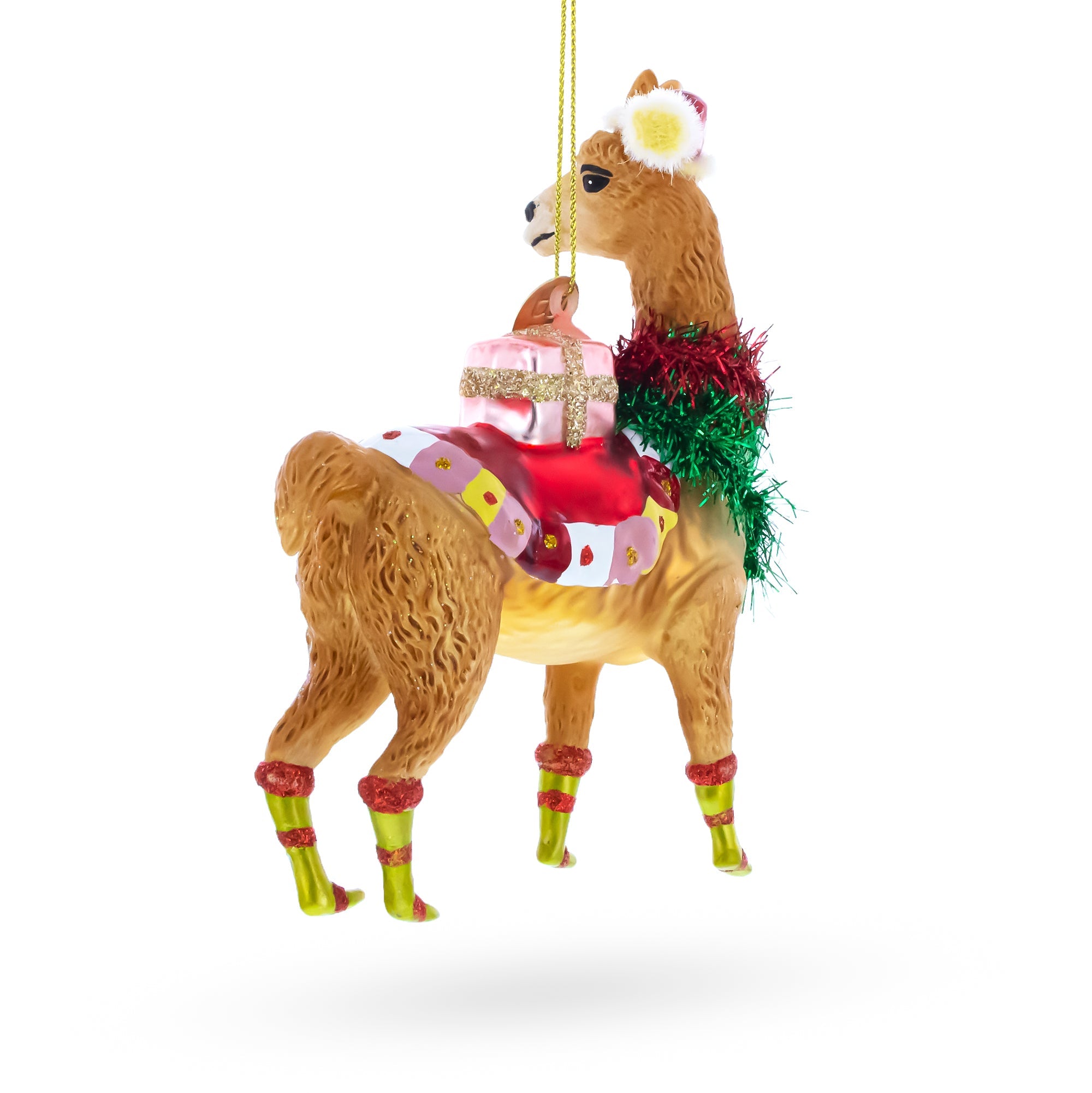 Christmas Llama with Tinsel Garland and Gift Glass Christmas Ornament