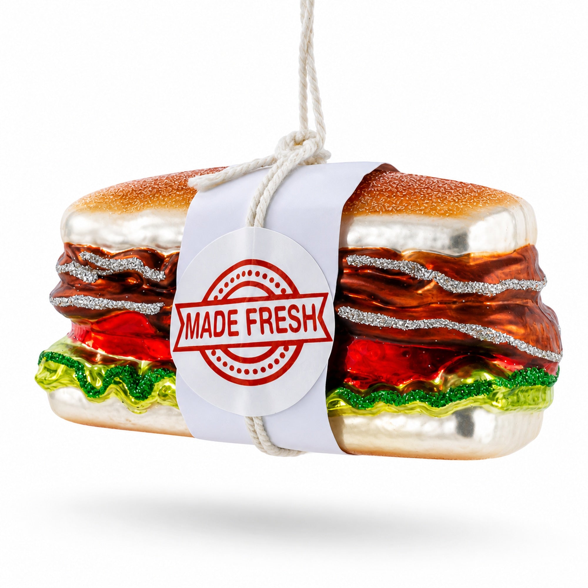 Fresh Made Meat Sandwich with Lettuce and Tomato Glass Christmas Ornament
