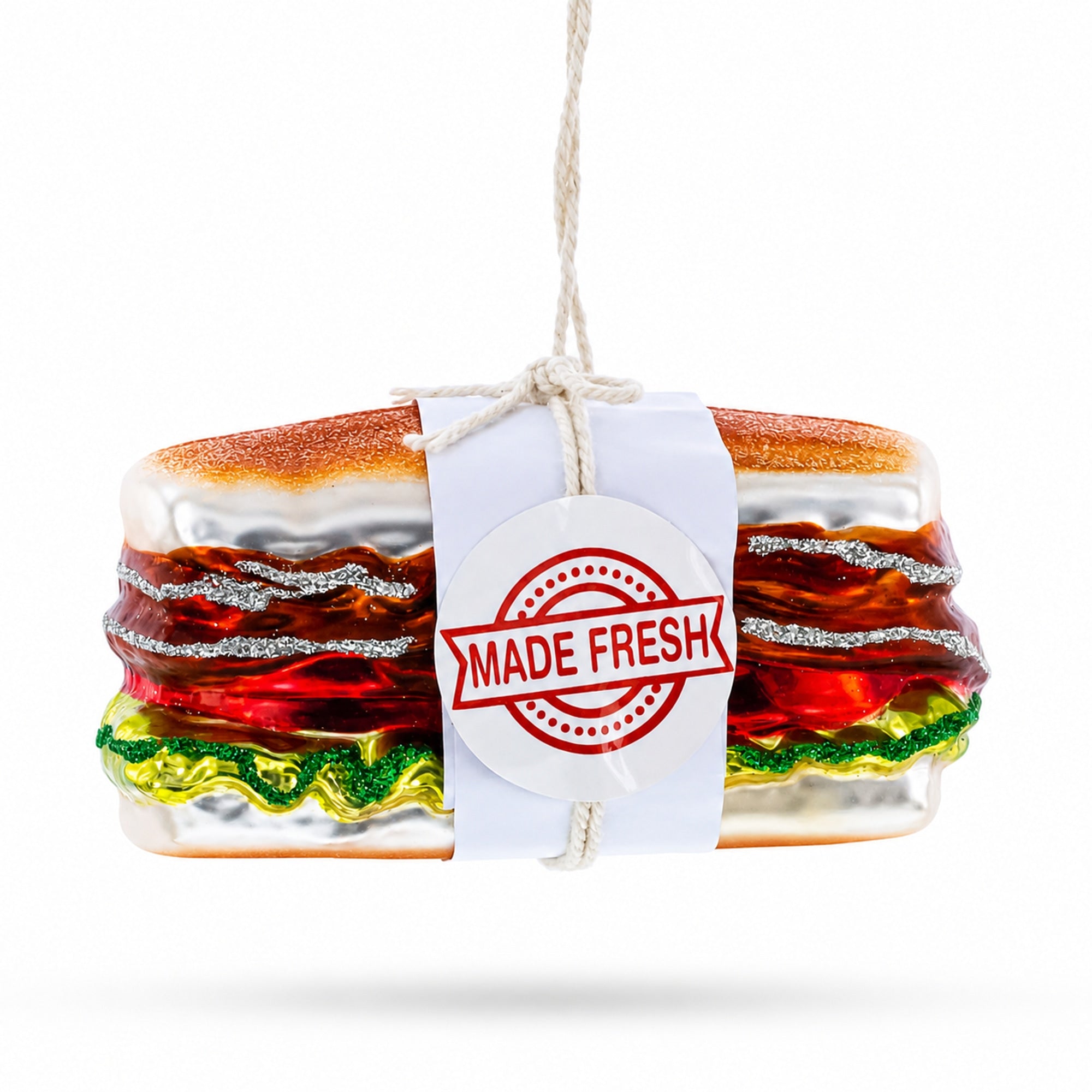 Fresh Made Meat Sandwich with Lettuce and Tomato Glass Christmas Ornament