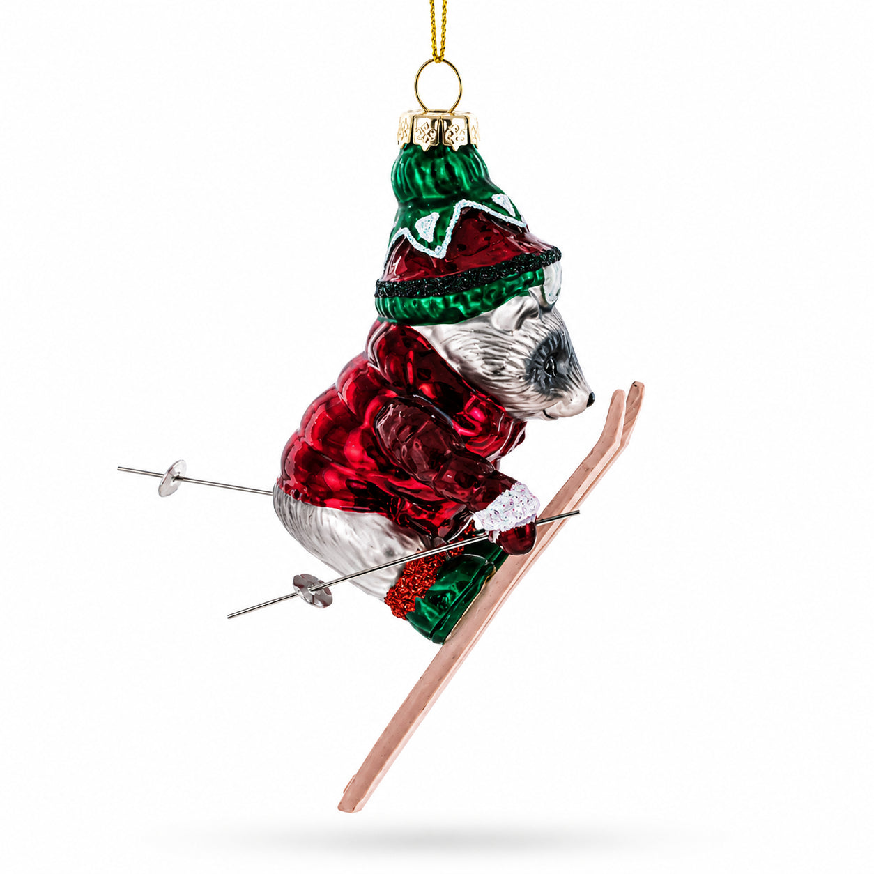 Raccoon Skier with Goggles Glass Christmas Ornament