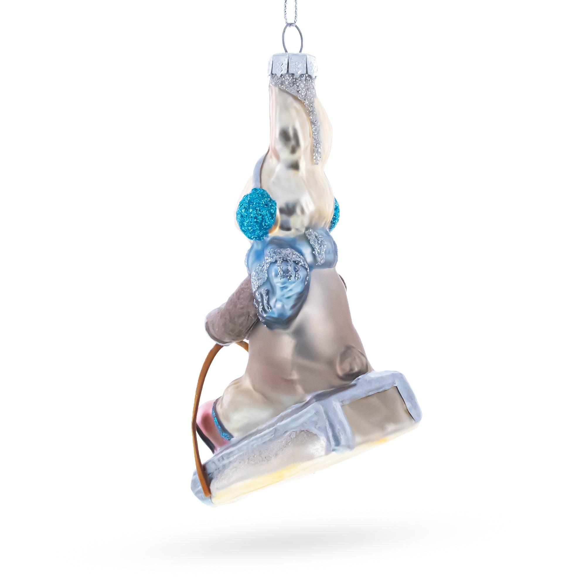 Bunny Sledding with Earmuffs Glass Christmas Ornament
