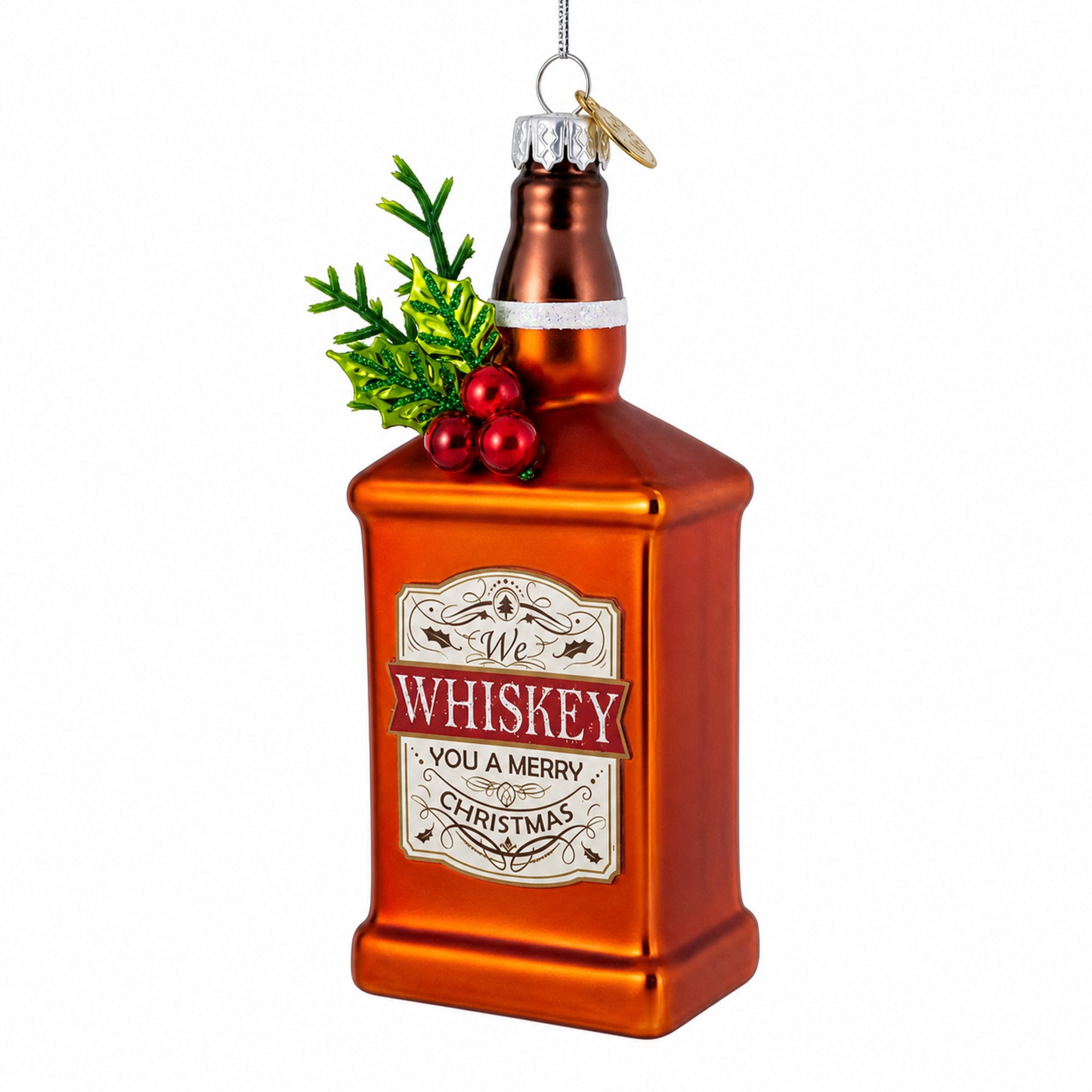 Whiskey Bottle with Holiday Accent Glass Christmas Ornament
