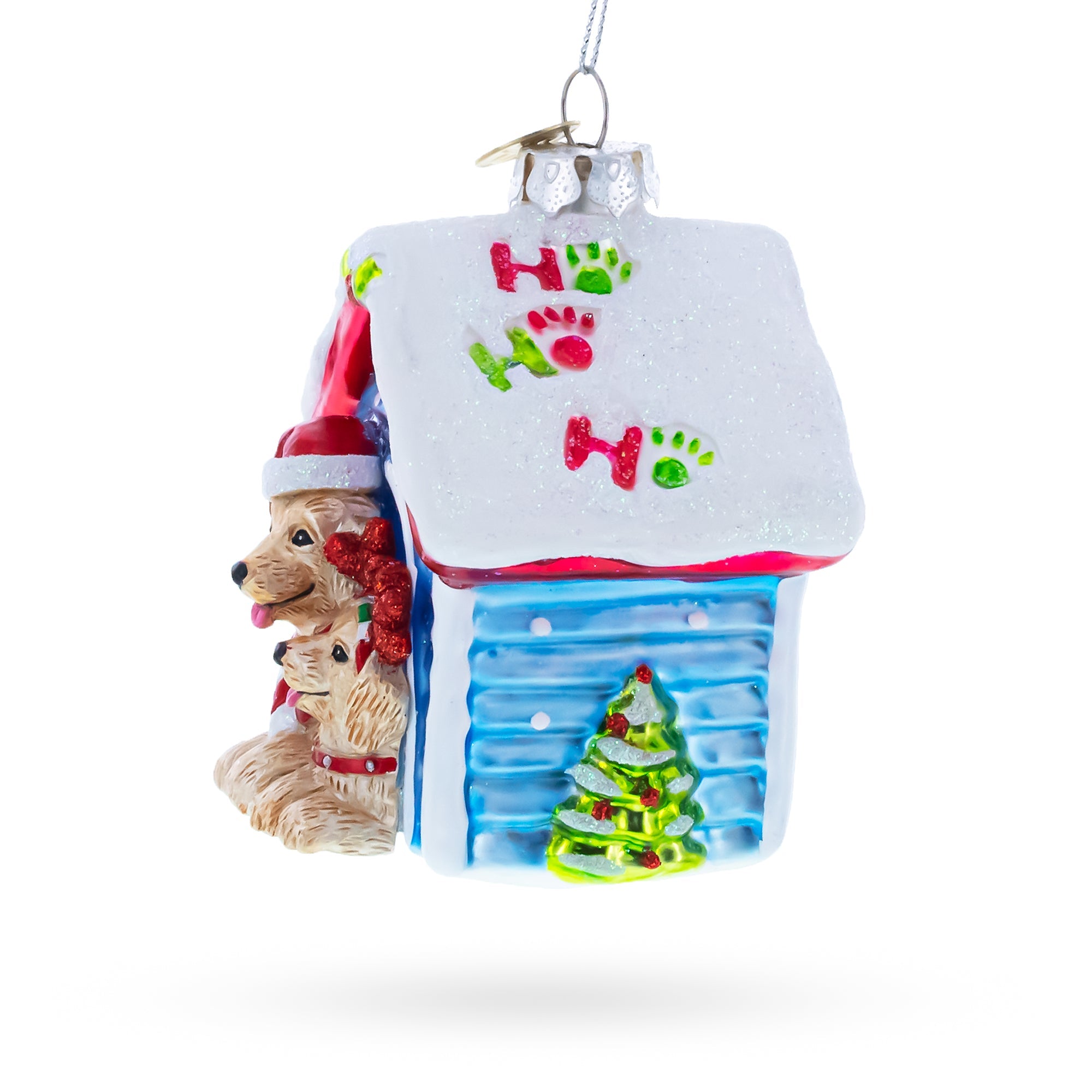 Christmas Doghouse with Two Holiday Puppies Glass Christmas Ornament