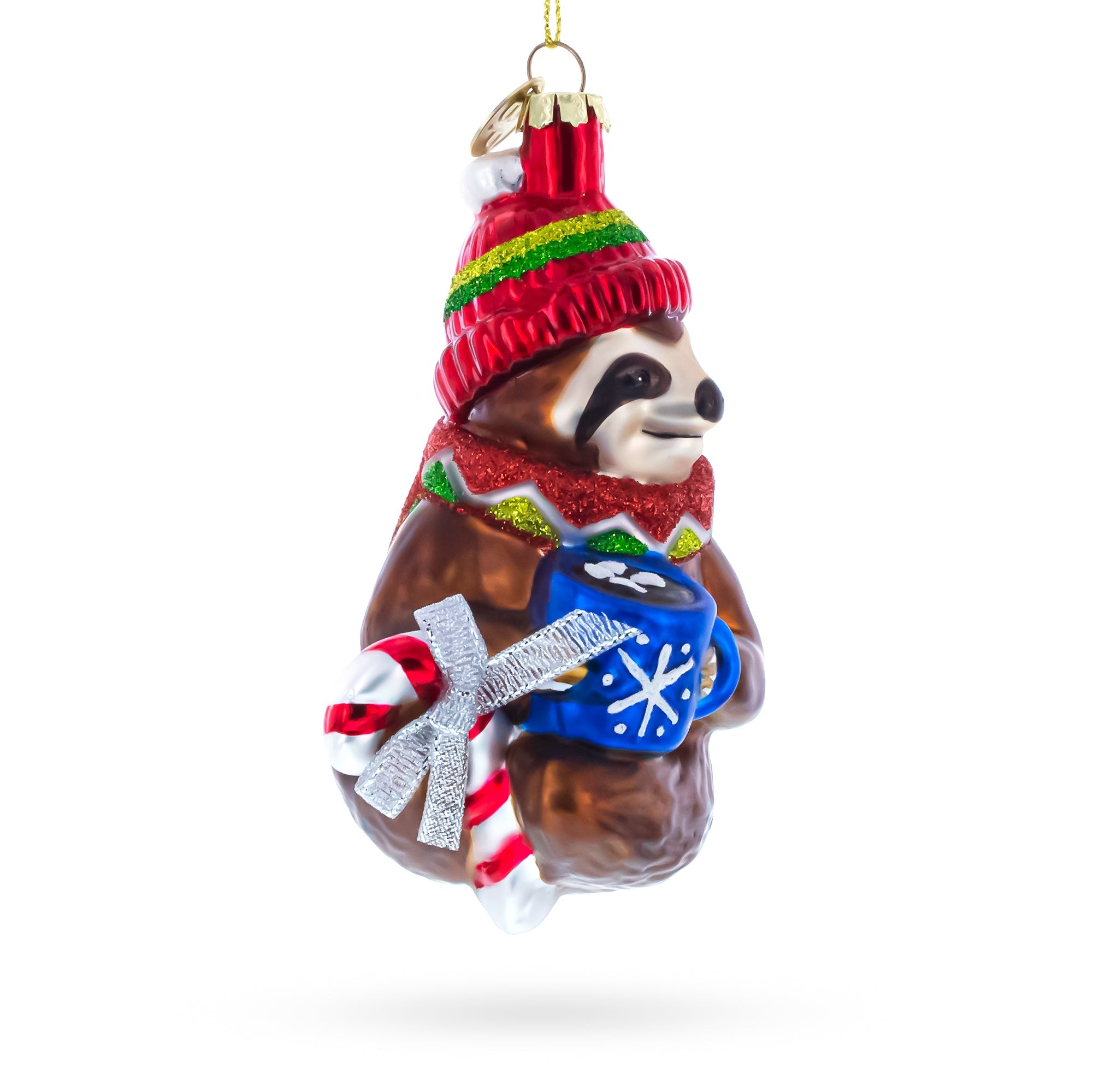 Cozy Sloth Drinking Hot Cocoa Glass Christmas Ornament