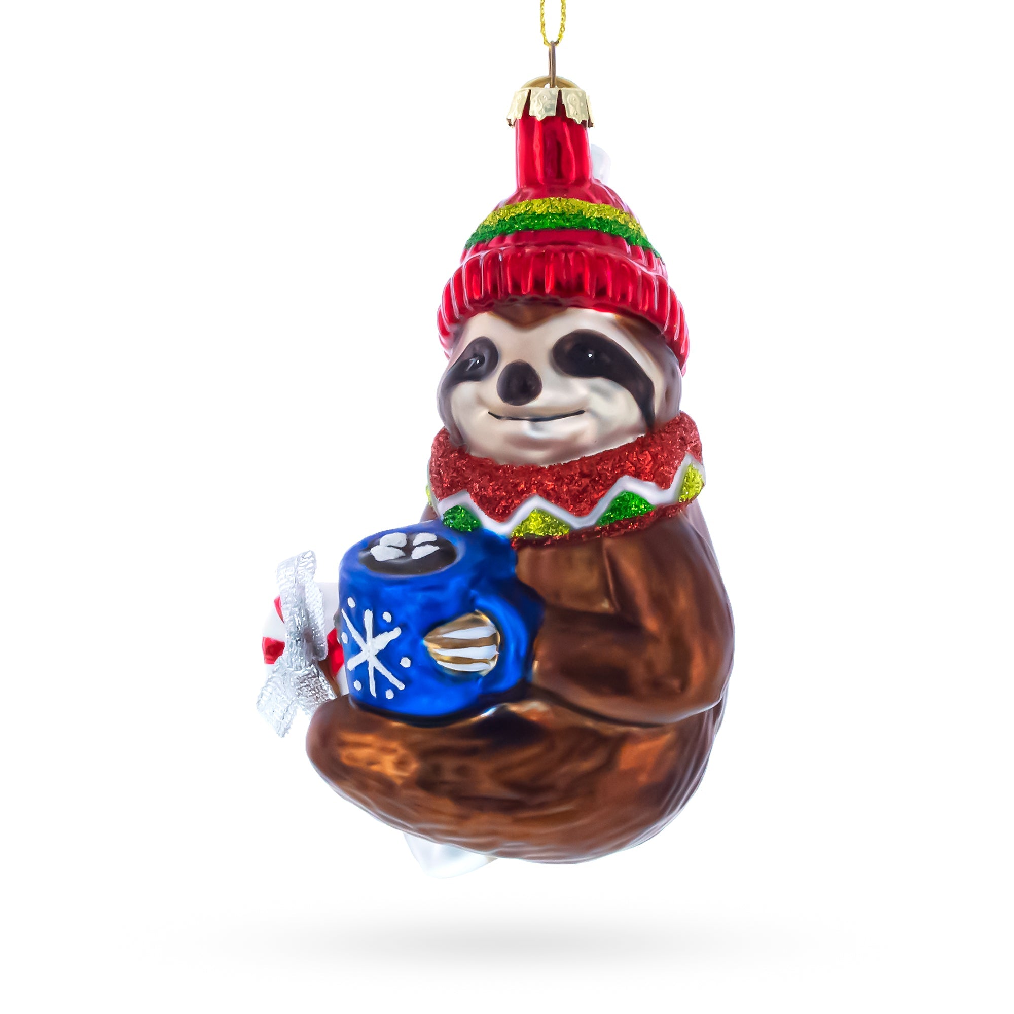 Cozy Sloth Drinking Hot Cocoa Glass Christmas Ornament