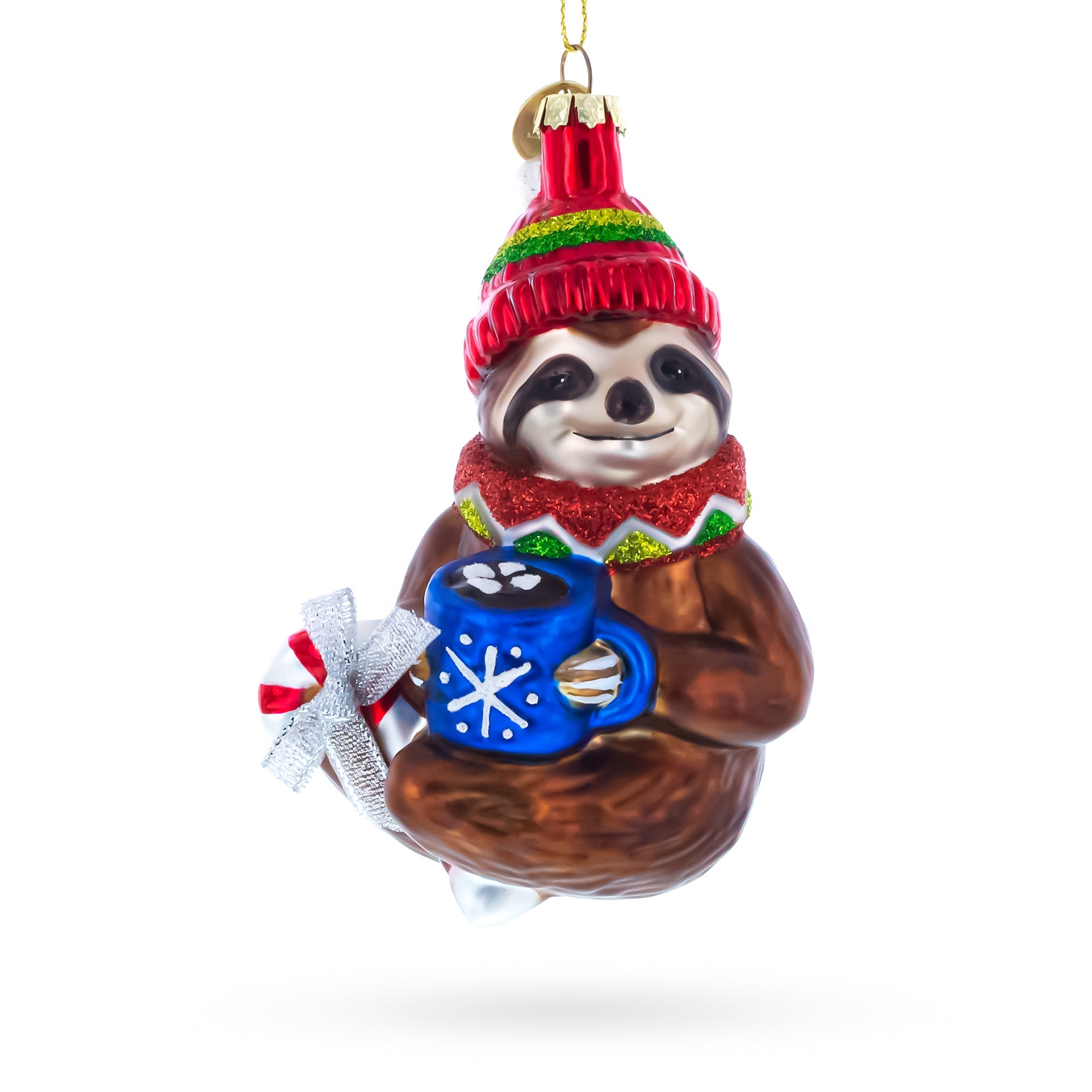 Cozy Sloth Drinking Hot Cocoa Glass Christmas Ornament