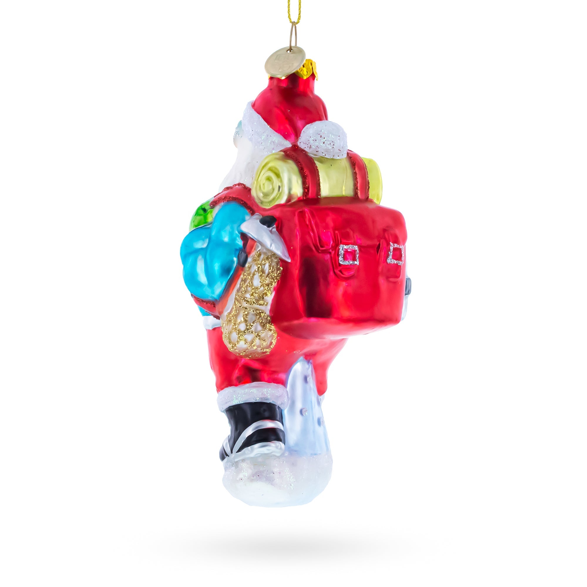 Explorer Santa with Goggles And Trekking Pole Glass Christmas Ornament