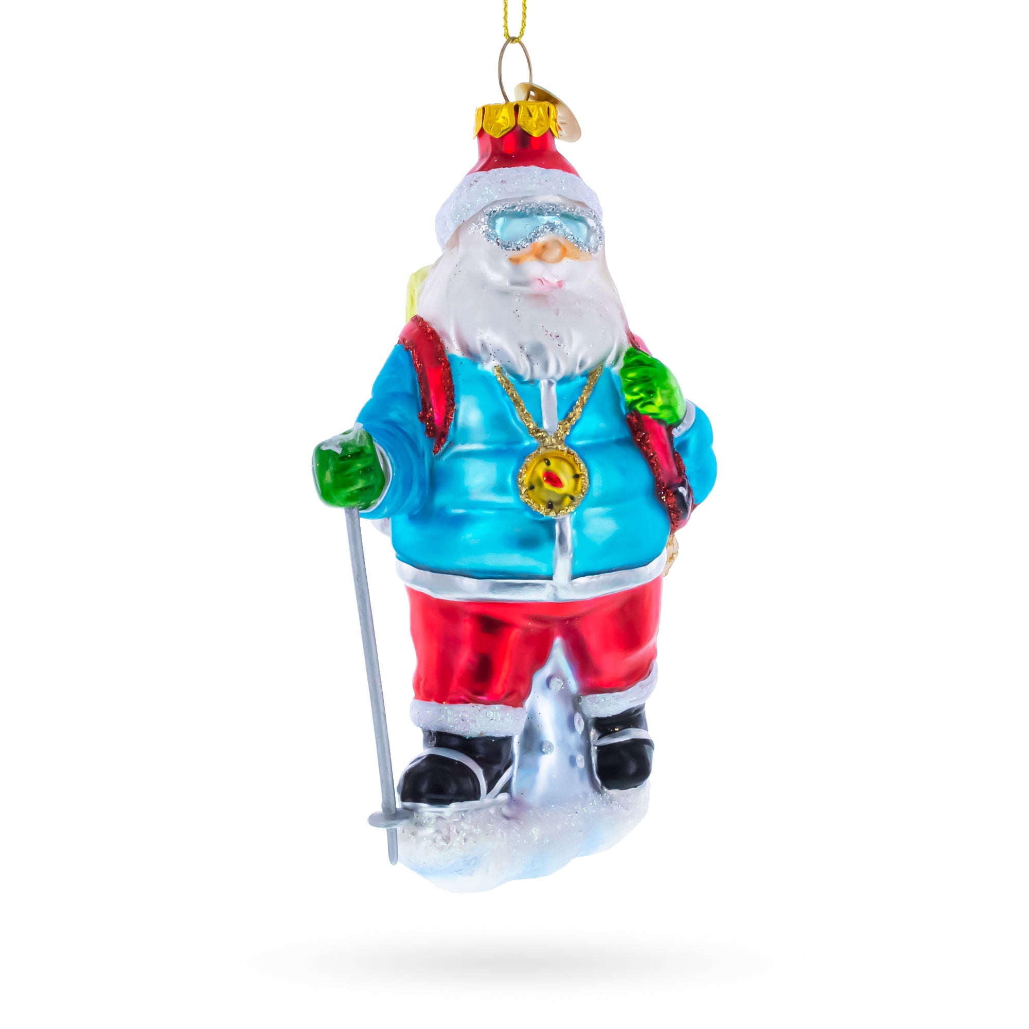 Explorer Santa with Goggles And Trekking Pole Glass Christmas Ornament