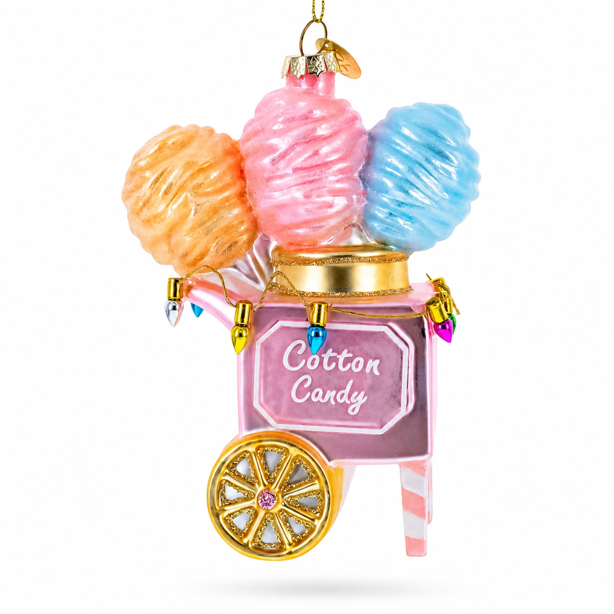 Cotton Candy Cart with Holiday Lights Glass Christmas Ornament