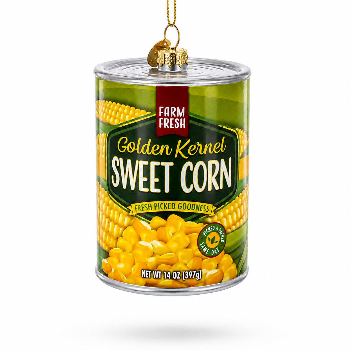 Golden Kernel Sweet Corn Can Glass Christmas Ornament