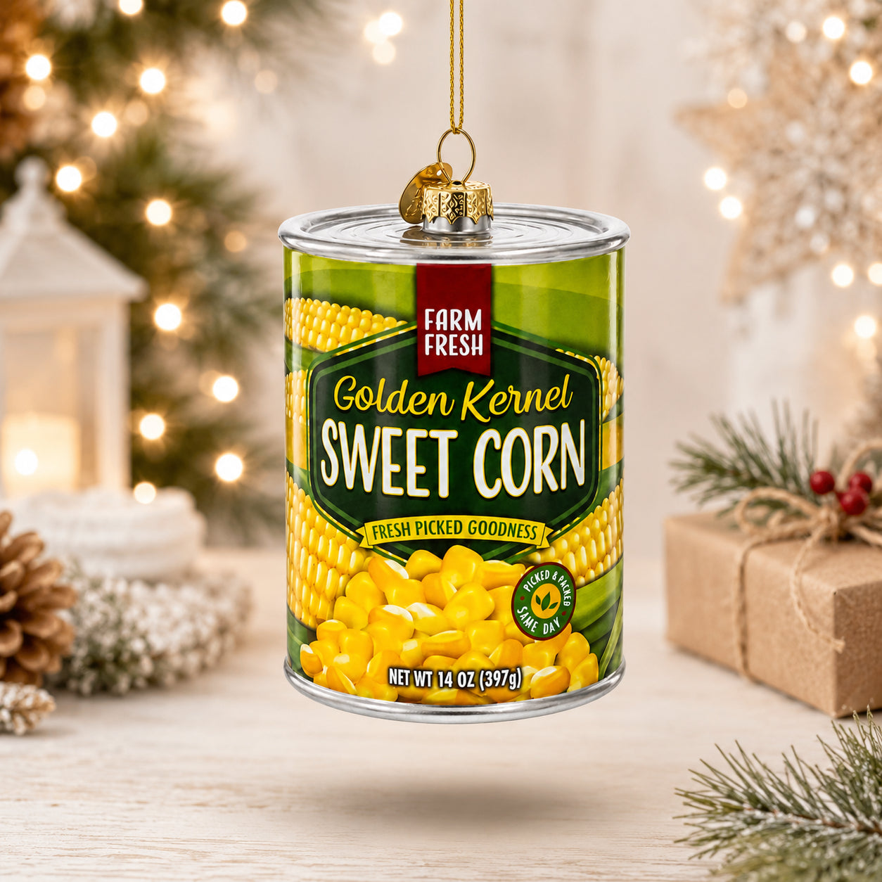 Golden Kernel Sweet Corn Can Glass Christmas Ornament