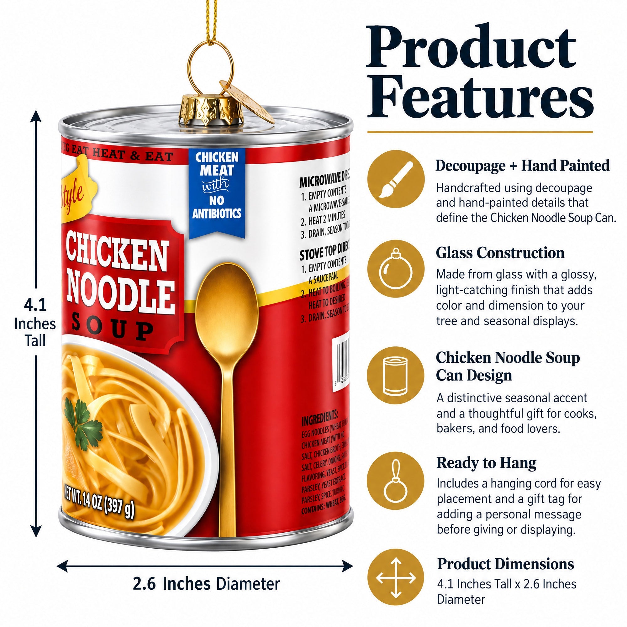 Chicken Noodle Soup Can Glass Christmas Ornament