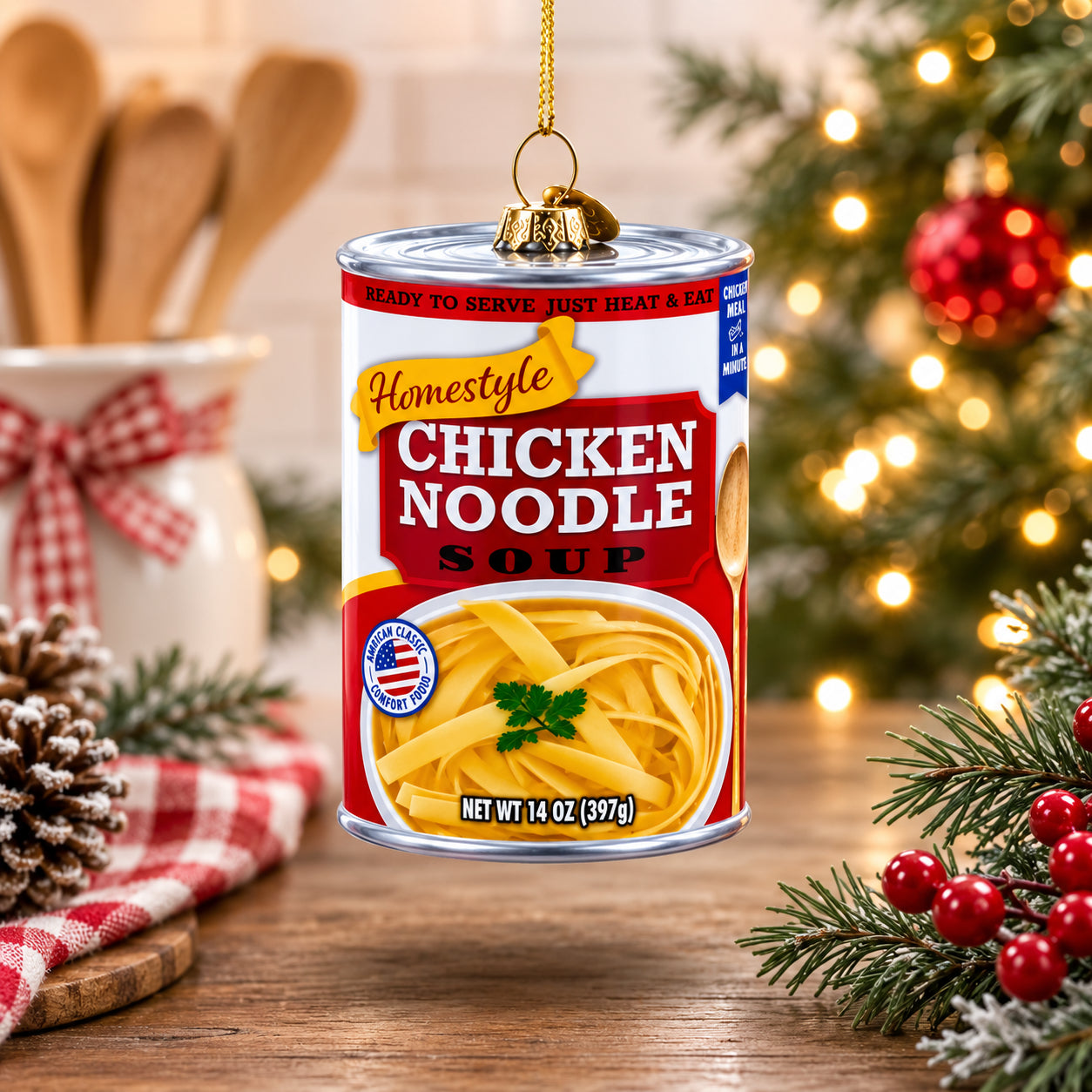 Chicken Noodle Soup Can Glass Christmas Ornament