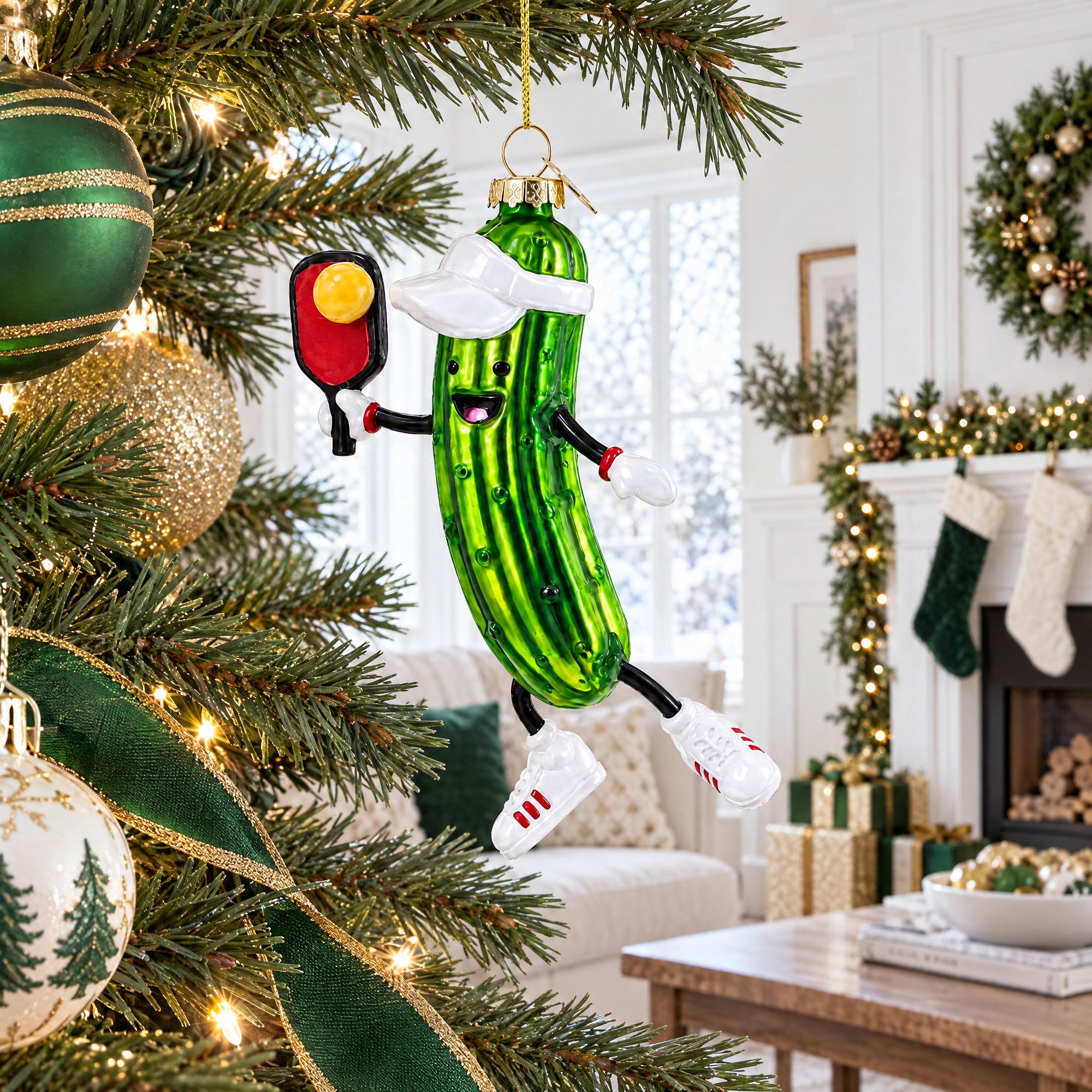 Pickle Themed Pickleball Glass Christmas Ornament