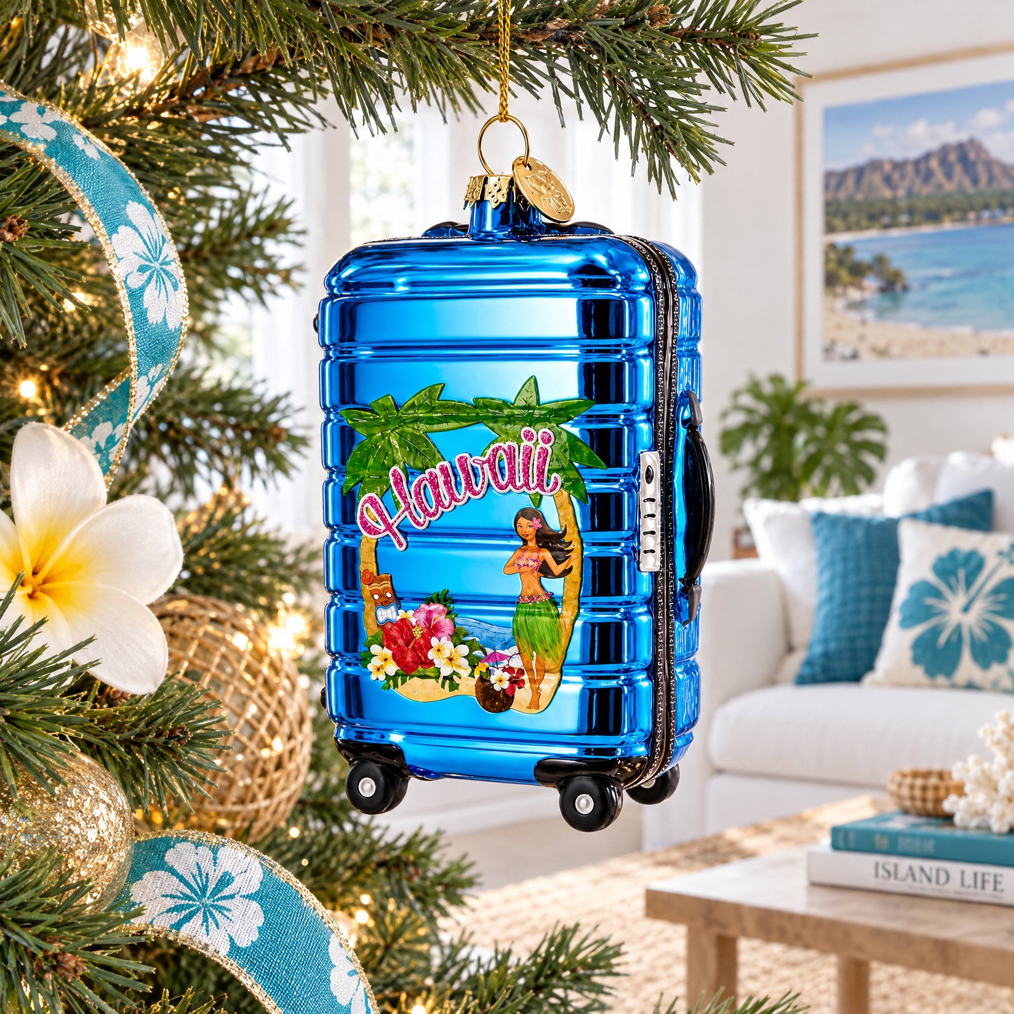 Hawaii Travel Suitcase Glass Christmas Ornament