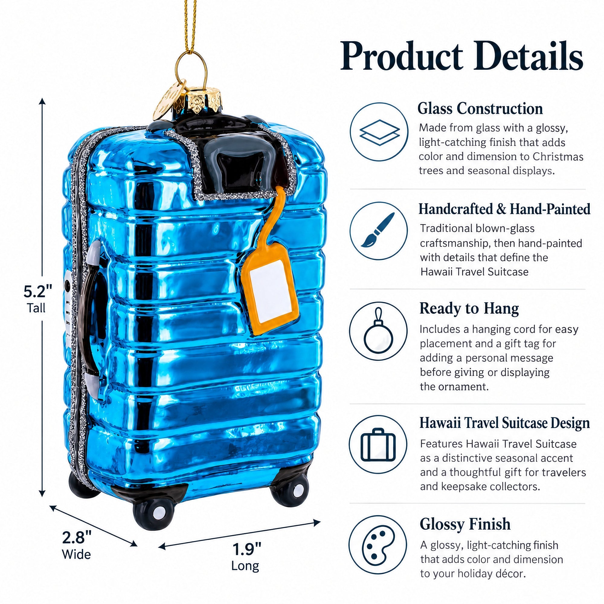 Hawaii Travel Suitcase Glass Christmas Ornament