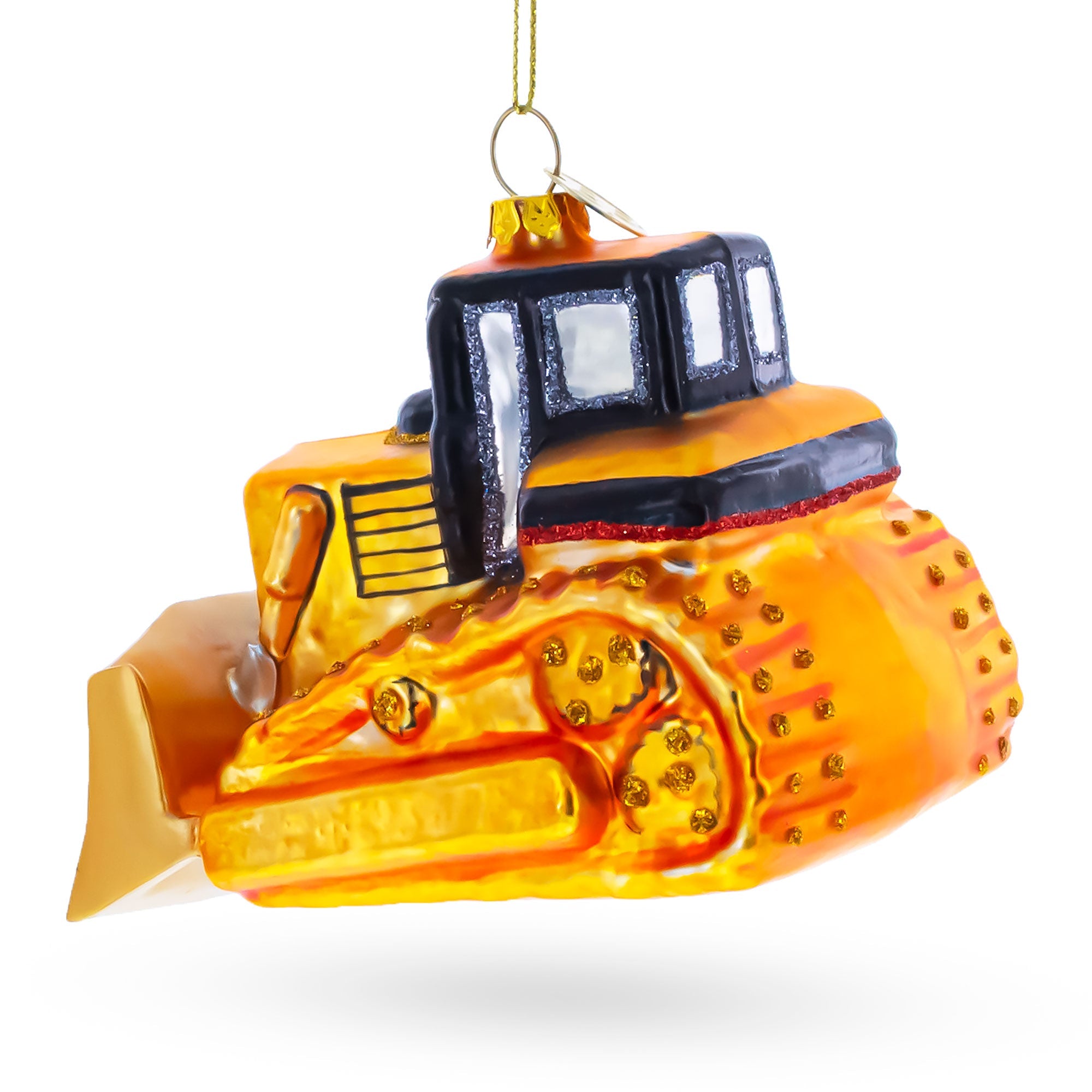 Tracked Bulldozer Construction Vehicle with Detailed Cab Glass Christmas Ornament