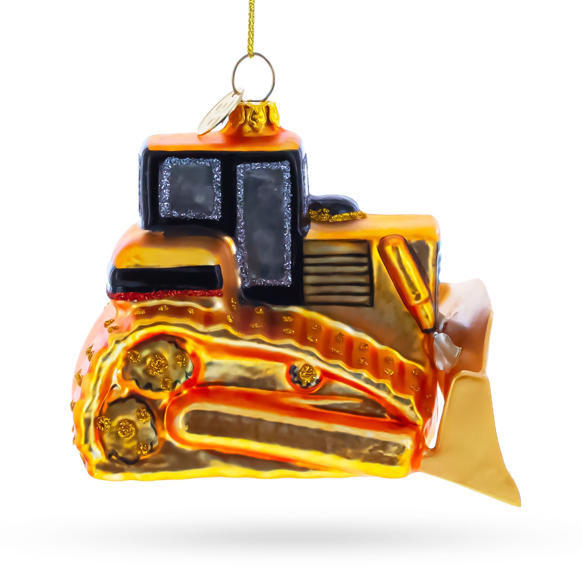 Tracked Bulldozer Construction Vehicle with Detailed Cab Glass Christmas Ornament