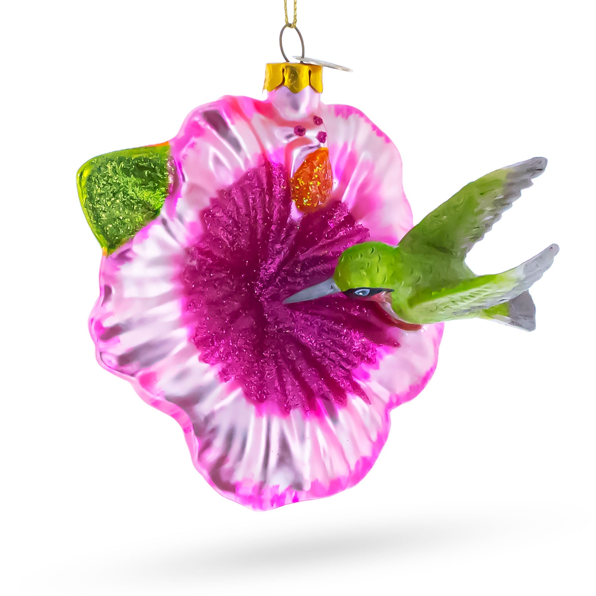 Hummingbird with Hibiscus Glass Christmas Ornament