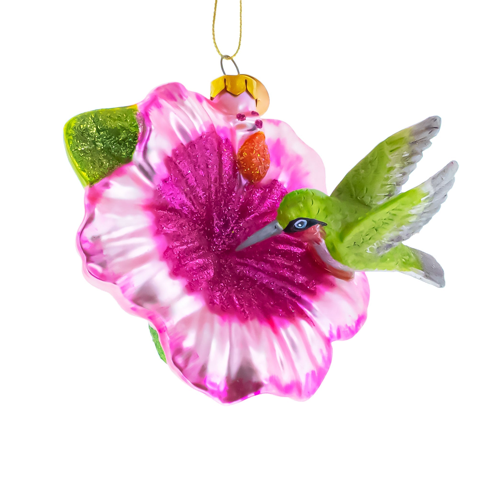 Hummingbird with Hibiscus Glass Christmas Ornament