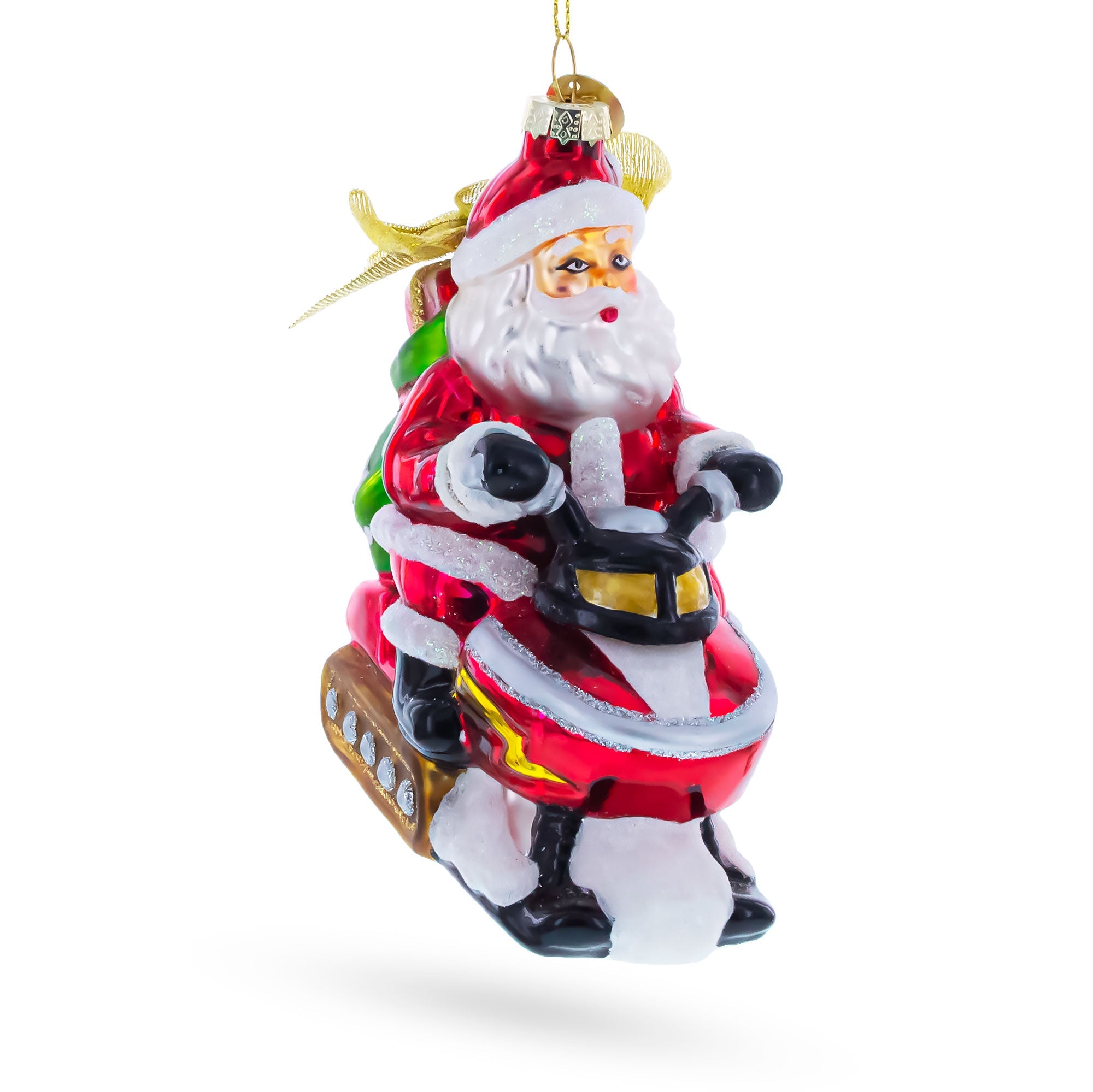 Santa Delivering Gifts on a Snowmobile Glass Christmas Ornament