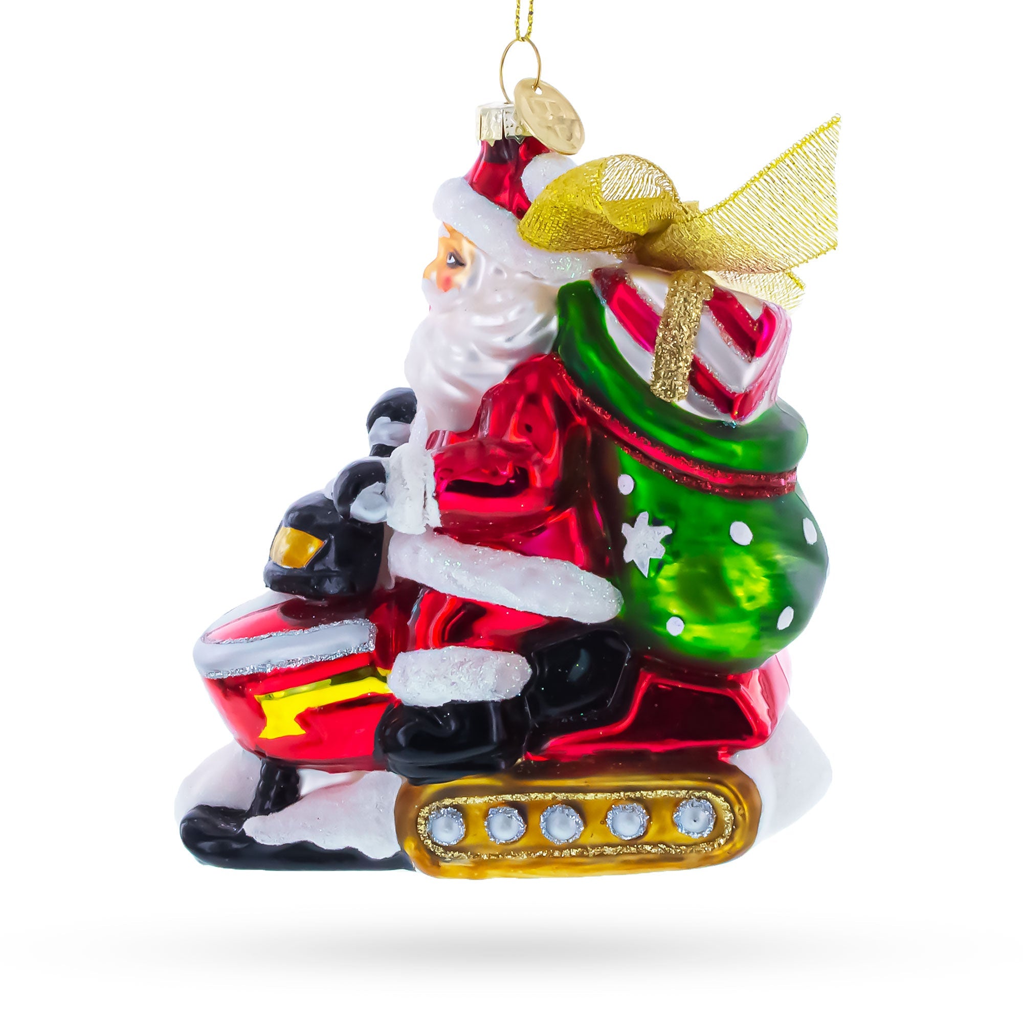 Santa Delivering Gifts on a Snowmobile Glass Christmas Ornament