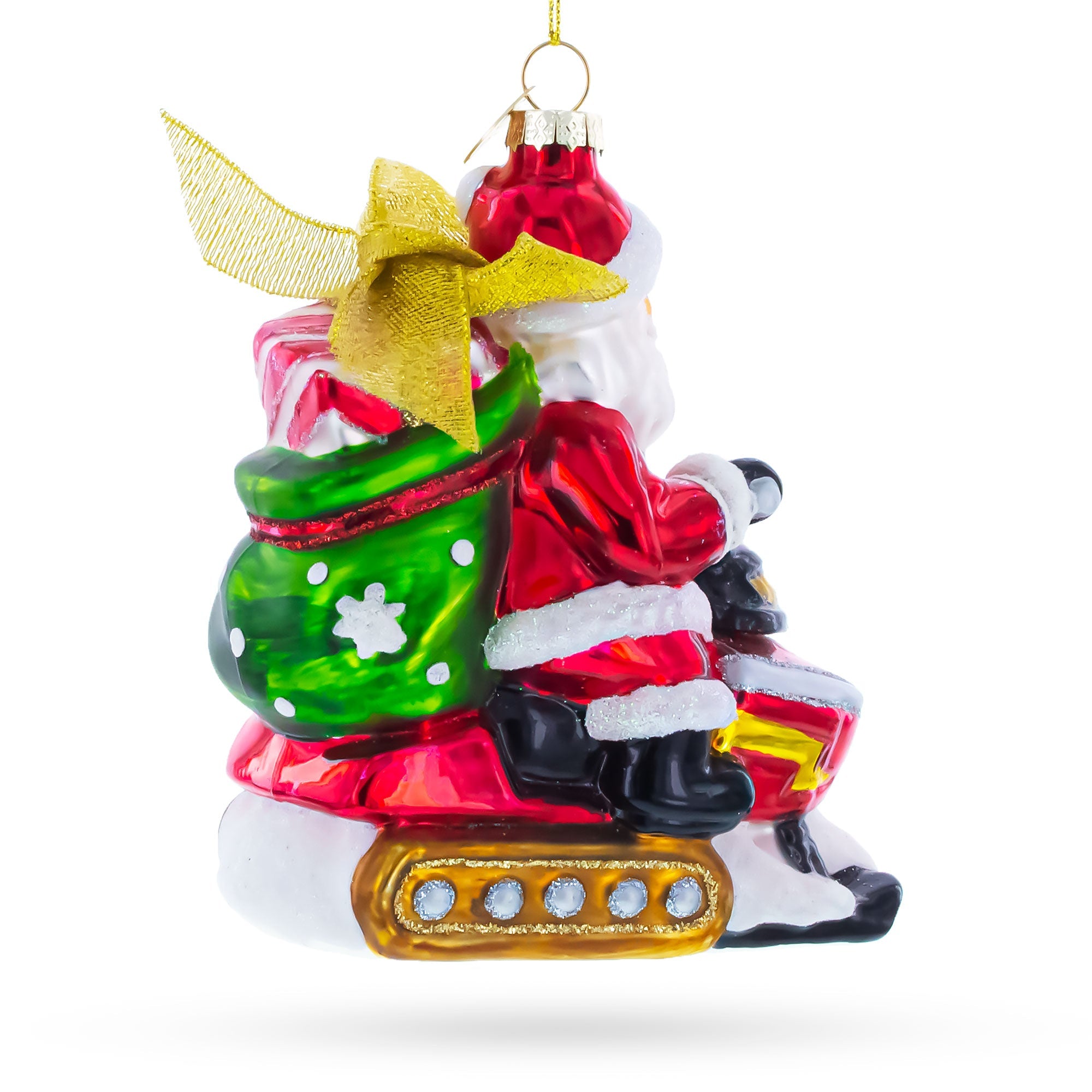 Santa Delivering Gifts on a Snowmobile Glass Christmas Ornament