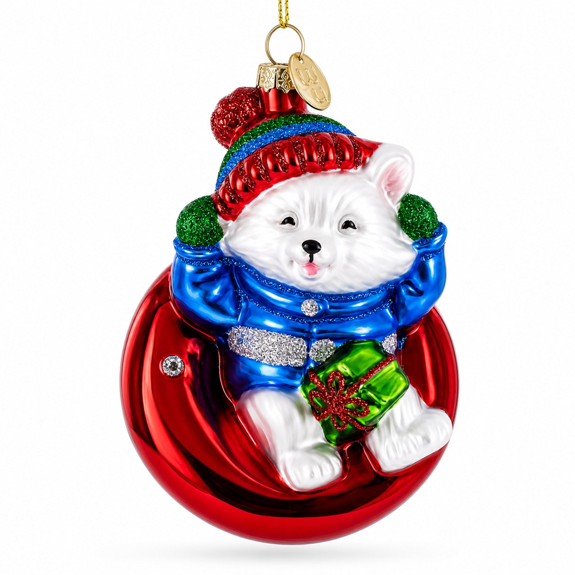 Puppy on Snow Tube Glass Christmas Ornament
