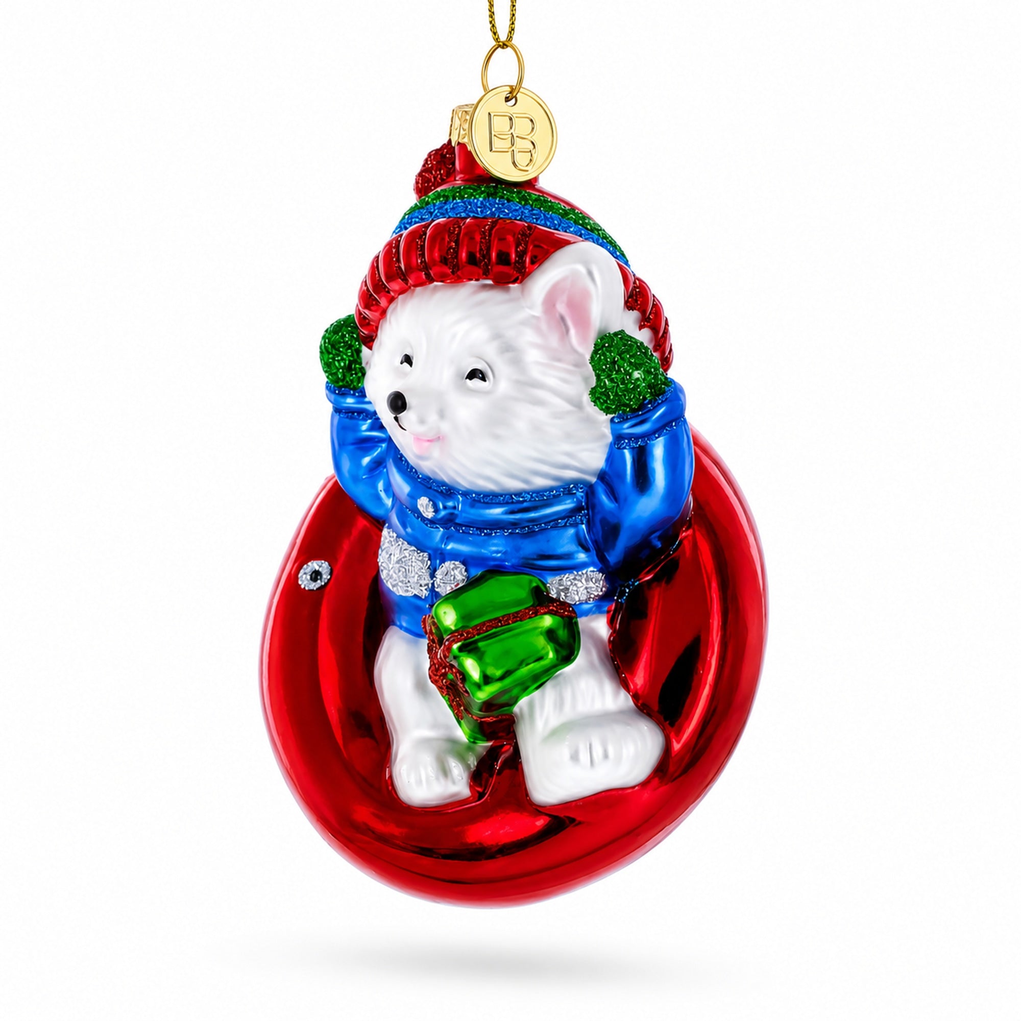 Puppy on Snow Tube Glass Christmas Ornament